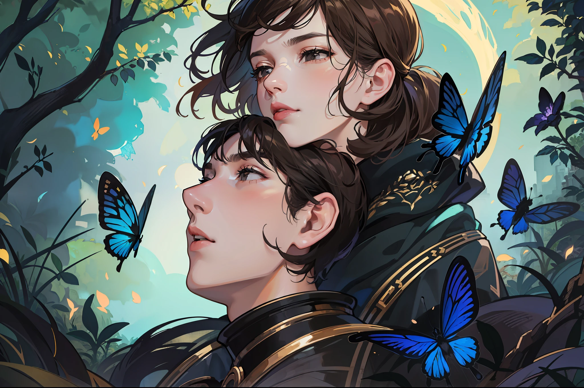 ((Superior quality, portraits, masterpieces, 8K: 1.3 wallpapers)), girl with short wavy brown hair (((SHORT HAIR))), obsidian-like black eyes (((BLACK EYES))), (((ANNOYING, SERIOUS LOOK))) sitting on a branch of a mueto tree, bioluminescent blue butterflies, dark hour, perfect shadows and reflections of the moon on the scene. black dress covered, dark clothes of MOURNING, CLOTHES COVERING THEIR SKIN, TUNIC.
