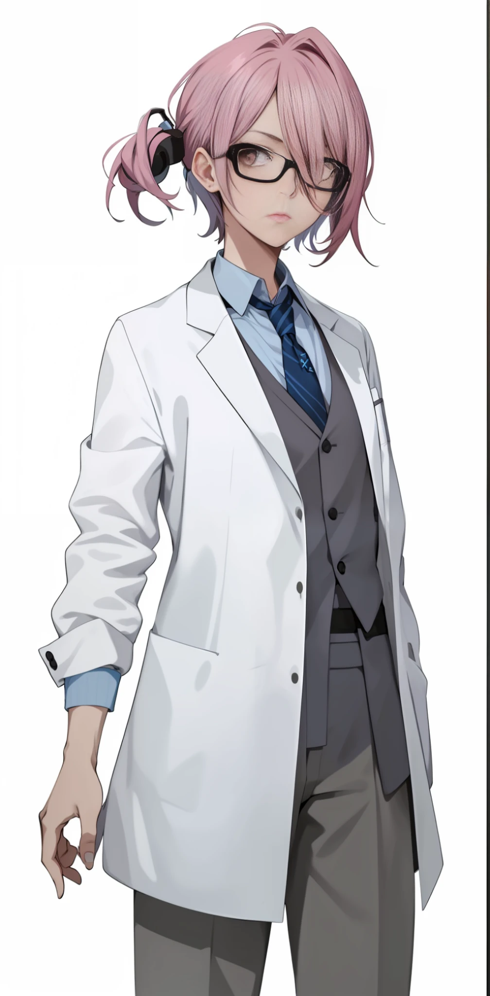 1girl. Dr Isaac Kleiner, Anime Gijinka, (Aesthetic Face), (Moe Girl), white doctors outfit, glasses, tie, (Character Design), (Solid Backgroud), (masterpiece:1.2), (best quality:1.3), Half-Life.