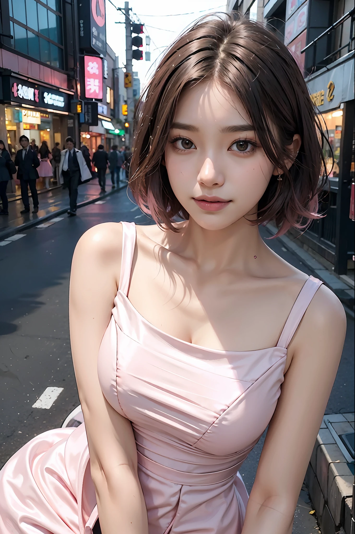 ((((short hair)))), ((((brown hair)))), best quality, 8K, HDR, highres, absurdres:1.2, blurry background, bokeh:1.2, Photography, (RAW photo:1.2), (photorealistic:1.4), (masterpiece:1.3), (intricate details:1.2), 1girl, solo, japanese girl, delicate, beautiful detailed, (detailed eyes), (detailed facial features), petite, beautiful and clear eyes, detail eye pupil, (((large breasts))), skin tight, (looking_at_viewer), from_front, (skinny), (best quality:1.4), (ultra highres:1.2), cinema light, (extreme detailed illustration), (lipgloss, best quality, ultra highres, depth of field, caustics, Broad lighting, natural shading, 85mm, f/1.4, ISO 200, 1/160s:0.75),1girl, solo, ((smile)), (((slim body))), (ulzzang-6500-v1.1:0.5), upper body, ((((pink formal dress:1.2)))), standing,(pureerosface_v1:0.5), Tokyo street,night, cityscape,city lights, close up,