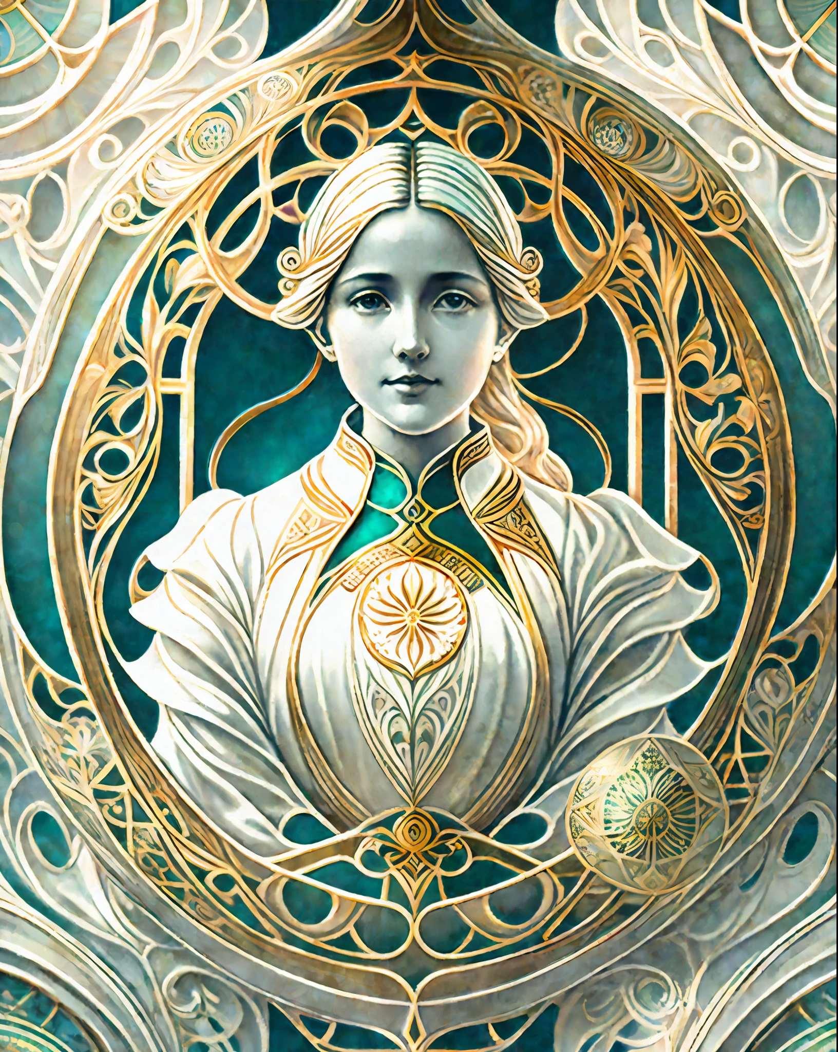 Details centred on Art Nouveau paintings on a white background, a nurse sister floating in the air, Ernst Haeckel and James Gillard 4K Trend in Behance-winning masterpieces with incredible detail Surrealist HD octane rendering volumetric lighting Divine Light 8K post-processing