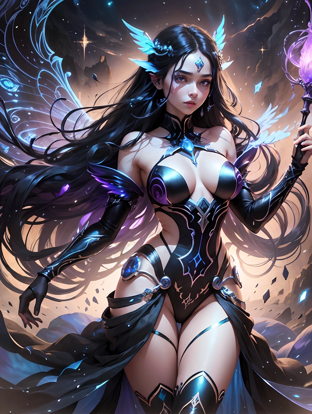 The image depicts a black african fairy of celestial beauty and futuristic look, with a dark and mysterious touch. Her skin is pale and luminous, almost translucent, contrasting with her long, flowing dress, made of a delicate, shiny black fabric that softly reflects the light in shades of violet and deep blue. The fairy has majestic and intricate wings, with a futuristic skeletal structure, made from a combination of metallic materials and iridescent membranes in dark shades of blue and purple. The wings seem to pulsate with mysterious energy, giving off an aura of serenity and mystery. Her face has delicate and smooth features, with an angelic and serene expression. His eyes, deep and mesmerizing, are an intense blue, glowing with a soft, calming light. Her long black hair cascades around her shoulders, highlighted with subtle streaks of violet and blue. In one hand, the fairy holds a futuristic scepter, adorned with dark, iridescent crystals, emitting a soft, ethereal light. This scepter seems to be a source of celestial power, bringing a sense of protection and wisdom. Around the fairy, there is a luminous and futuristic halo, formed by blue and violet energy lines that intertwine in the air, creating an aurora borealis effect. The surrounding environment is filled with a futuristic and enigmatic atmosphere, with subtle technological elements mixed with a sense of magic and enchantment. The image conveys a sense of duality between darkness and light, representing a dark fairy with an angelic essence and a futuristic celestial energy. It symbolizes the harmony between the dark and the divine, capturing the imagination and awakening a sense of wonder and fascination --auto --s2