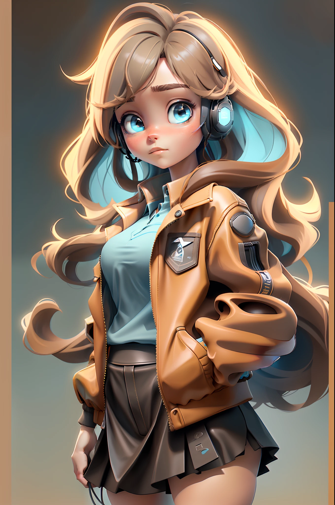 realistic anime style digital art of an 18 year old girl, bright light blue eyes, light brown hair, black skirt, bare legs, black polo shirt, brown leather jacket, looking up, 120 degree angle, using gamer headset, space scenery, floating in space, various other details, 16k ultra HD vivid colors masterpiece ultra cinematic resolution