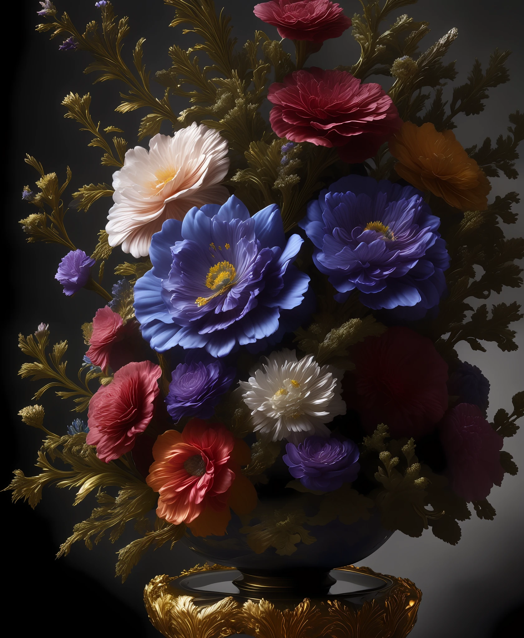 a multi elemental flowers in baroque vase, Elemental Flowers, dark background, highly detailed, sharp focus, professional, 4k, max detail, god rays, highres,high detail, sharp focus, smooth, aesthetic, extremely detailed, baroque, detailed facial features, hand model, petite, delicate, intricate details