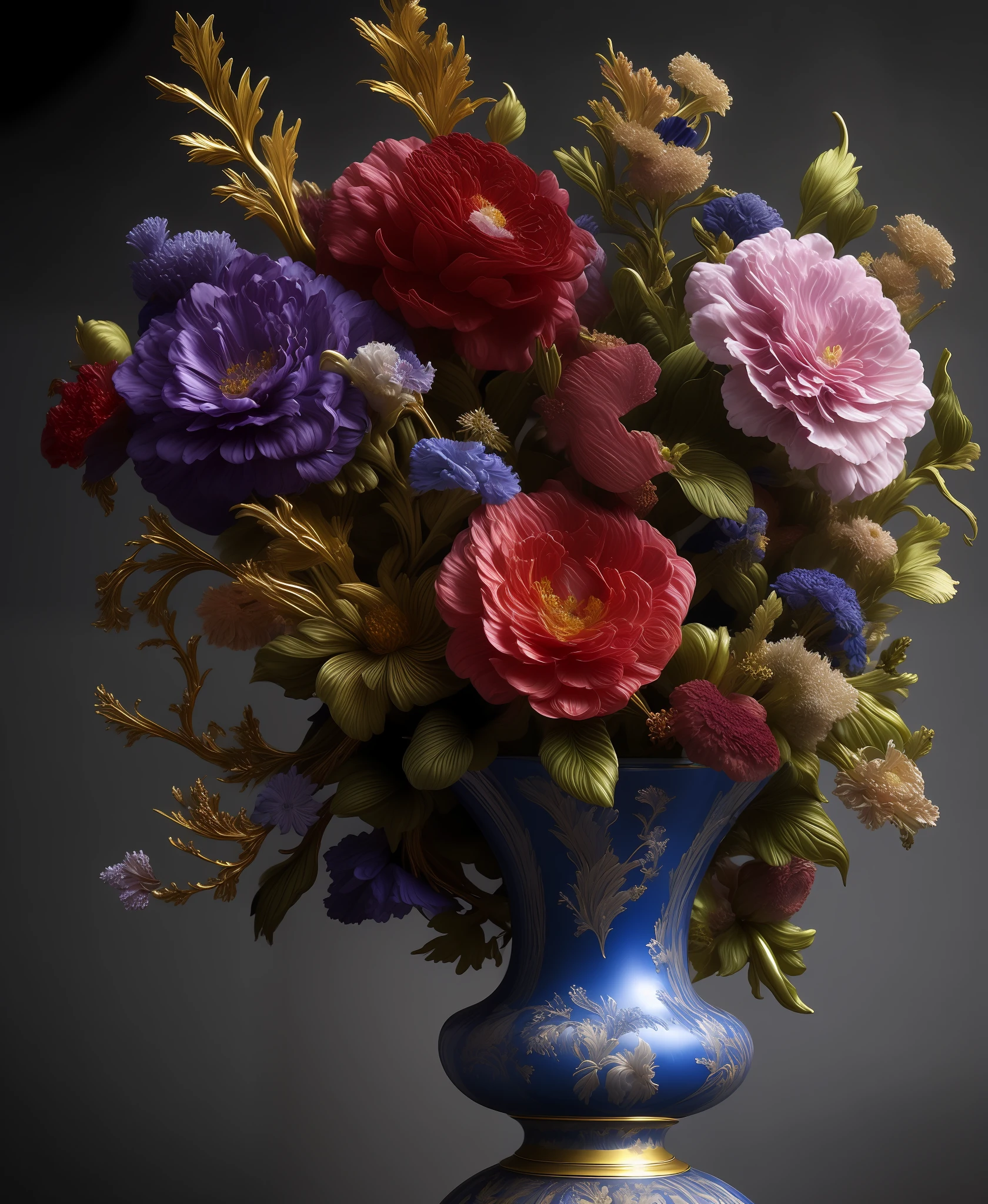 a multi elemental flowers in baroque vase, Elemental Flowers, dark background, highly detailed, sharp focus, professional, 4k, max detail, god rays, highres,high detail, sharp focus, smooth, aesthetic, extremely detailed, baroque, detailed facial features, hand model, petite, delicate, intricate details