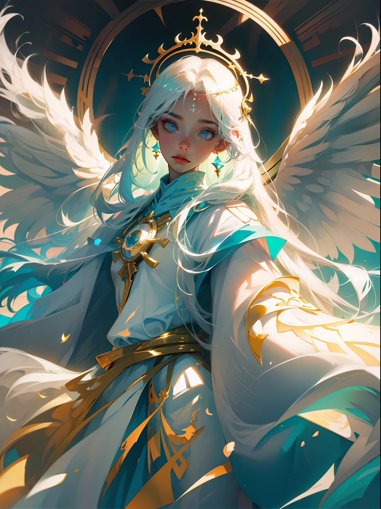 "A holy angel with white and gold robes, long white hair, an aura of divine light enveloping him."