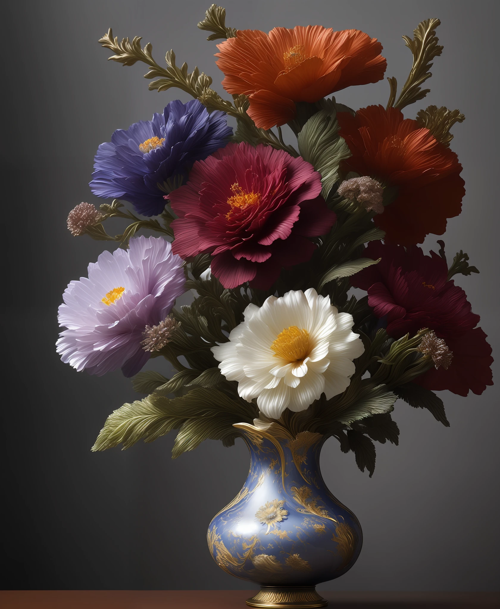 a multi elemental flowers in baroque vase, Elemental Flowers, dark background, highly detailed, sharp focus, professional, 4k, max detail, god rays, highres,high detail, sharp focus, smooth, aesthetic, extremely detailed, baroque, detailed facial features, hand model, petite, delicate, intricate details