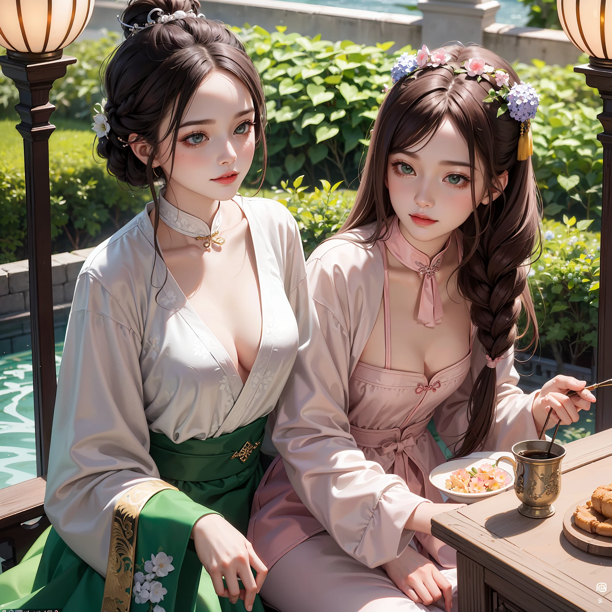 Masterpiece: The Best Night Full Moon 1 Female Chinese Style Ancient Chinese Sister Royal Sister Smile Brown Hair Princess Cut Single Twist Braid Double Pill Head Light Pink Lips, Calm, Intellectual, Medium Hair, Green Eyes, Hairpin, Hydrangea,