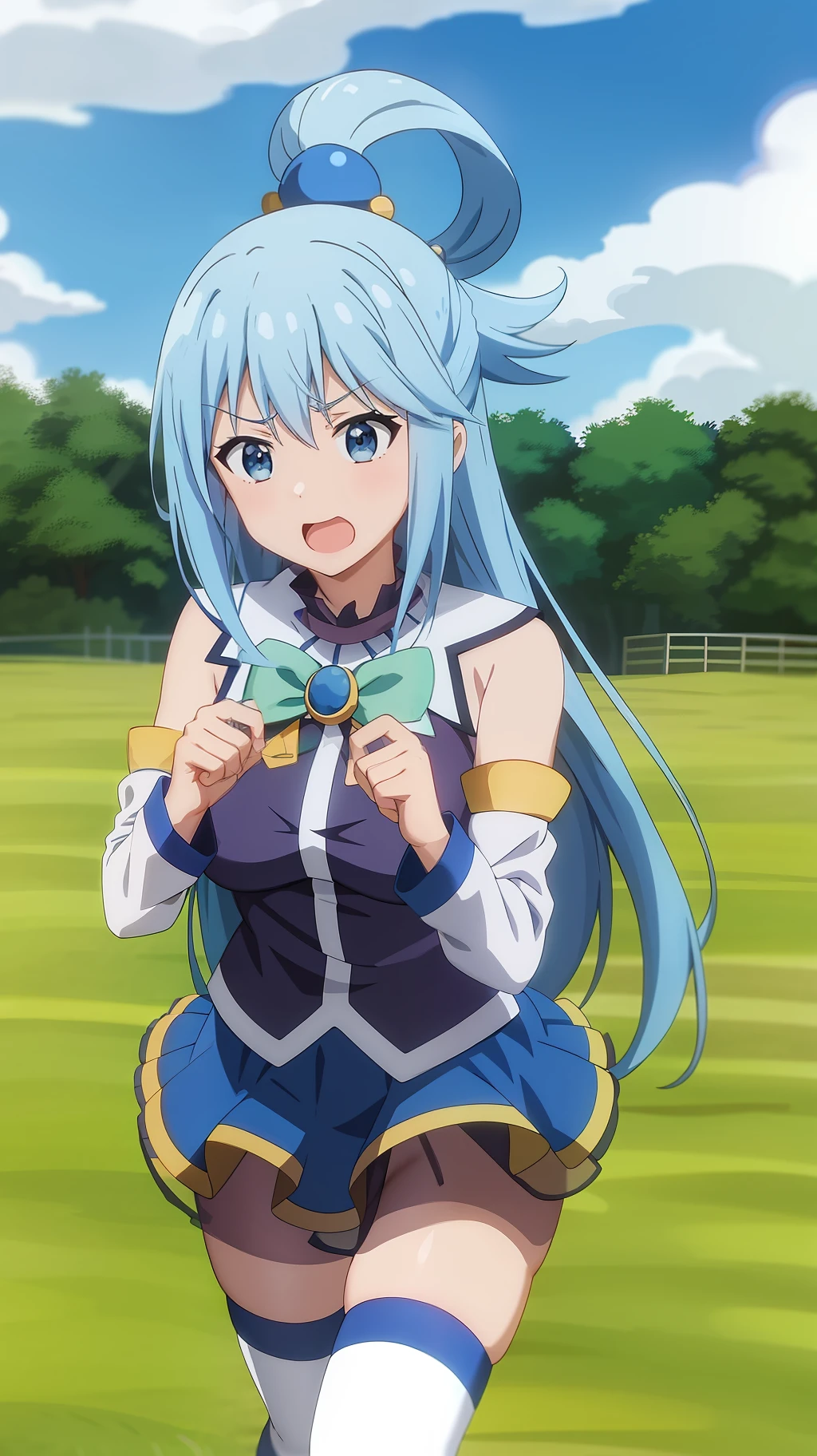 ,anime screencap,anime coloring,
1girl, long hair, solo, blue hair, blue eyes, open mouth, detached sleeves, outdoors, skirt, thighhighs, hair rings, sky, clenched hands, day, hair ornament, cloud, breasts, bow, blue sky, grass, blue skirt, green bow, bare shoulders