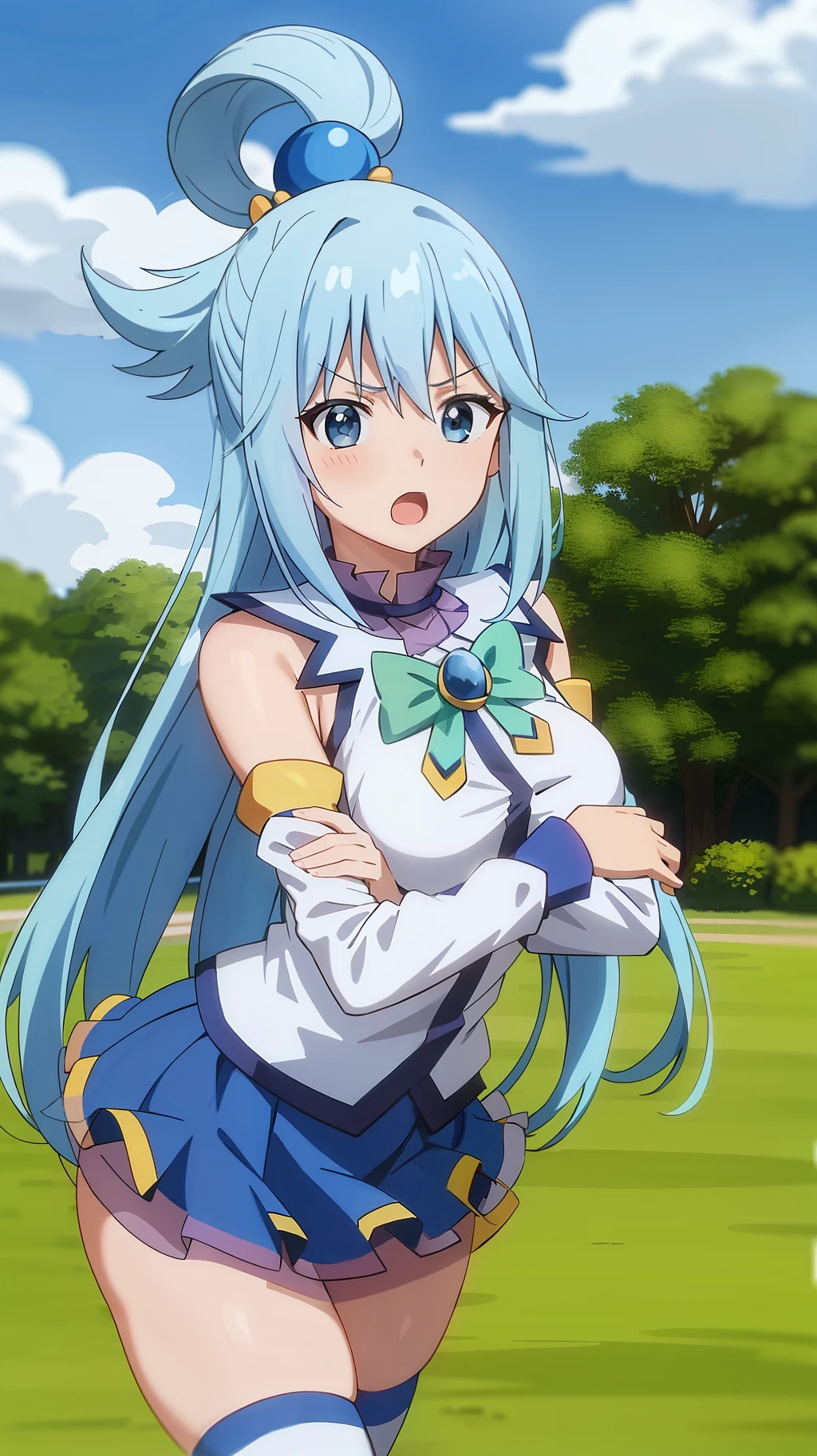 ,anime screencap,anime coloring,
1girl, long hair, solo, blue hair, blue eyes, open mouth, detached sleeves, outdoors, skirt, thighhighs, hair rings, sky, clenched hands, day, hair ornament, cloud, breasts, bow, blue sky, grass, blue skirt, green bow, bare shoulders