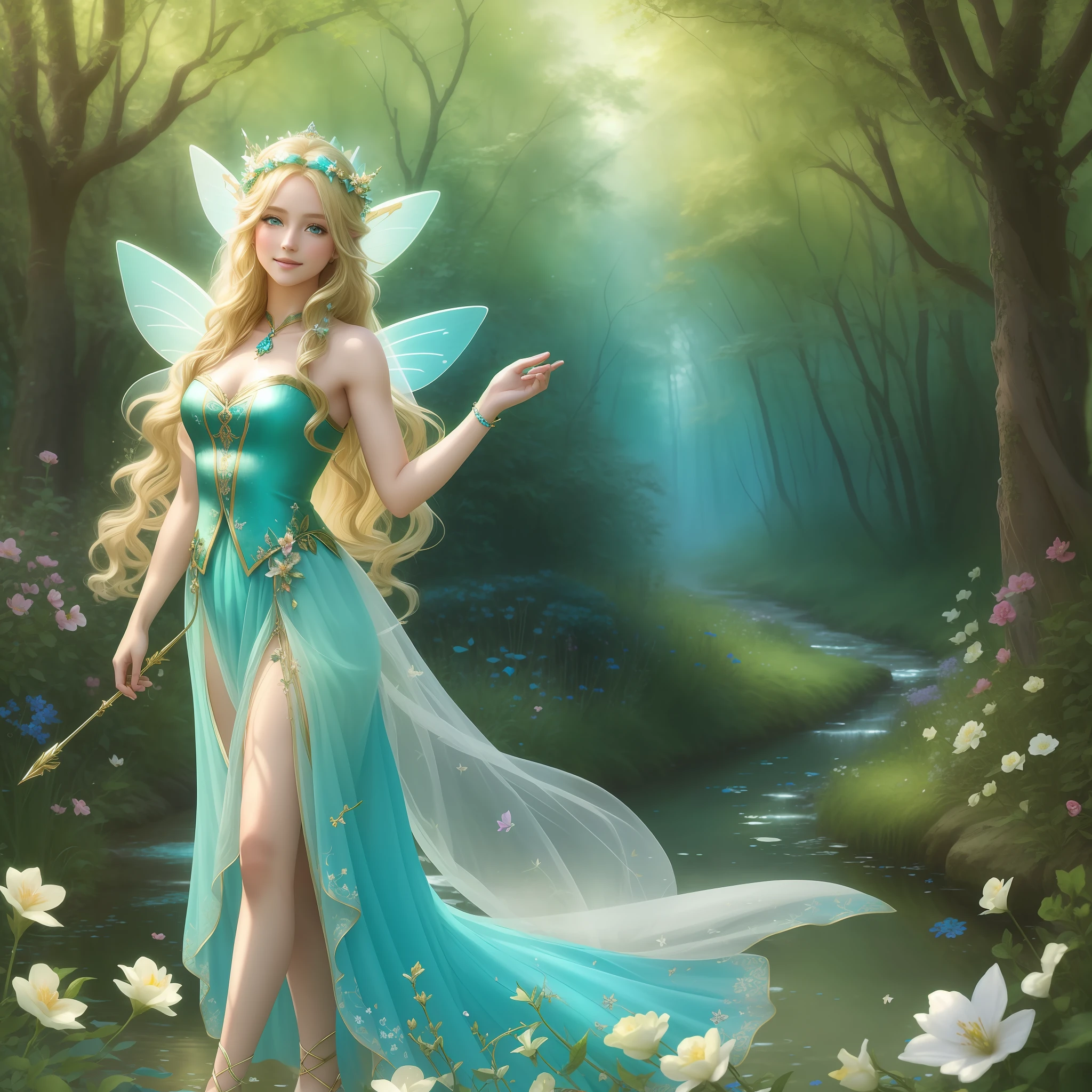 (Masterpiece) 8K resolution, fairy queen, titania, beauty frolicking with fairies, blonde long hair with floral decoration, hazel eyes, turquoise eyes, gentle smile, model style, fantasy style,