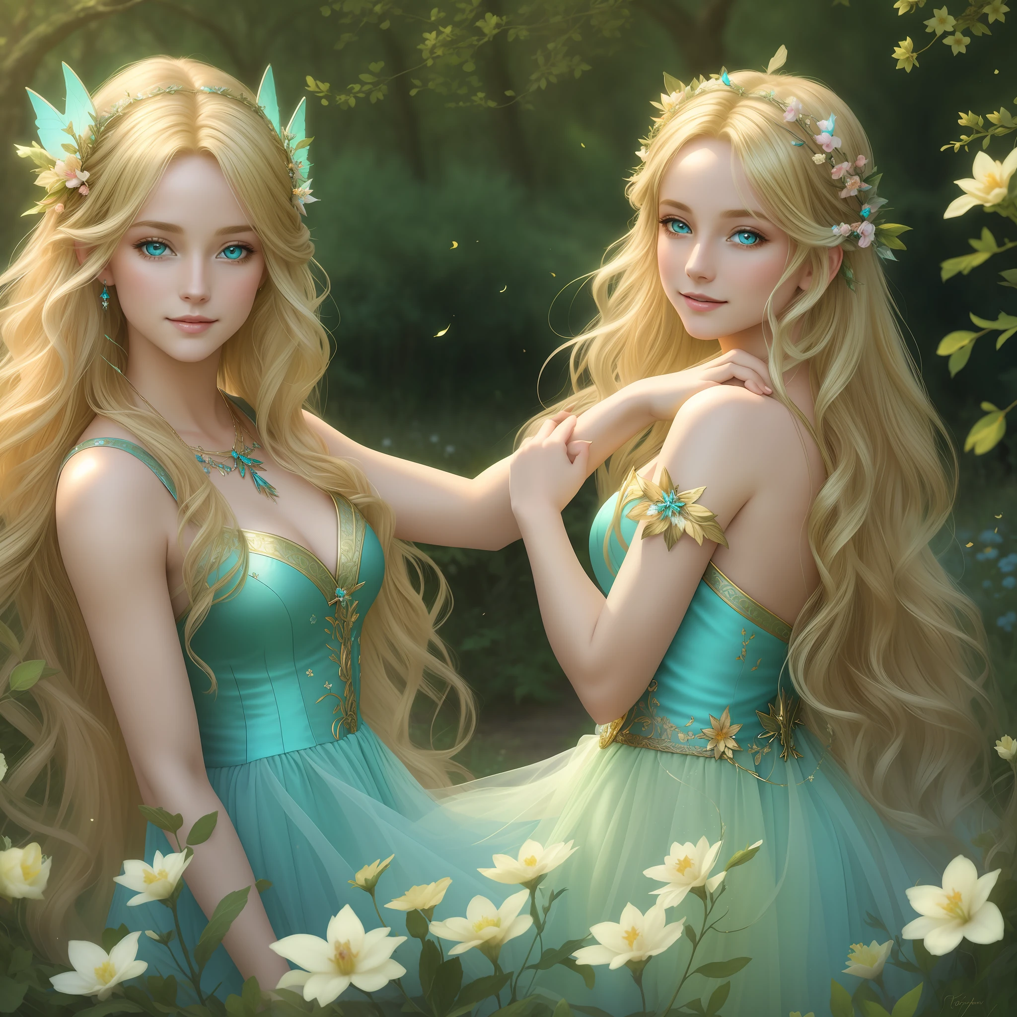 (Masterpiece) 8K resolution, fairy queen, titania, beauty frolicking with fairies, blonde long hair with floral decoration, hazel eyes, turquoise eyes, gentle smile, model style, fantasy style,