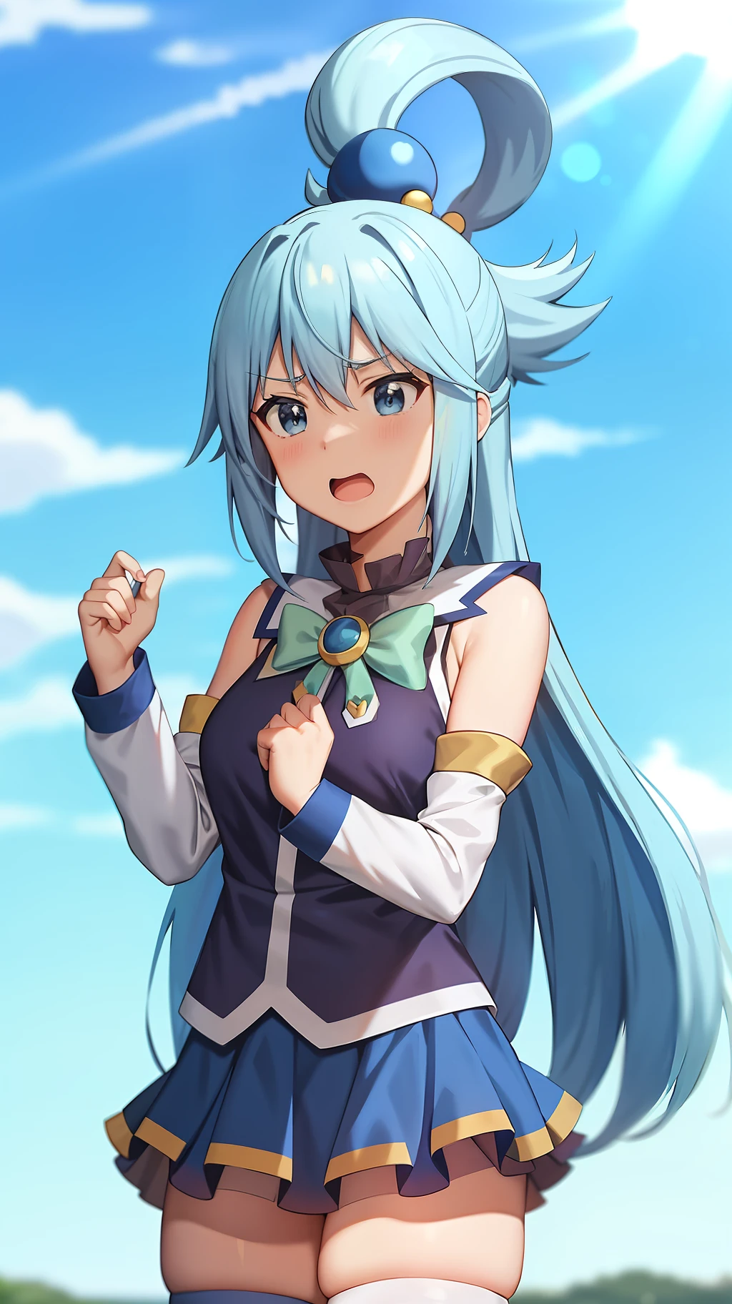 ,anime screencap,anime coloring,
1girl, long hair, solo, blue hair, blue eyes, open mouth, detached sleeves, outdoors, skirt, thighhighs, hair rings, sky, clenched hands, day, hair ornament, cloud, breasts, bow, blue sky, grass, blue skirt, green bow, bare shoulders