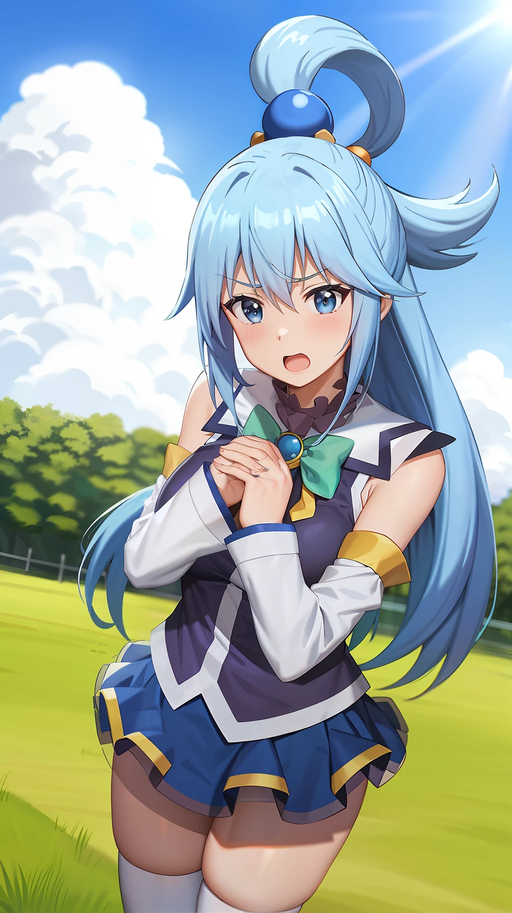 ,anime screencap,anime coloring,
1girl, long hair, solo, blue hair, blue eyes, open mouth, detached sleeves, outdoors, skirt, thighhighs, hair rings, sky, clenched hands, day, hair ornament, cloud, breasts, bow, blue sky, grass, blue skirt, green bow, bare shoulders