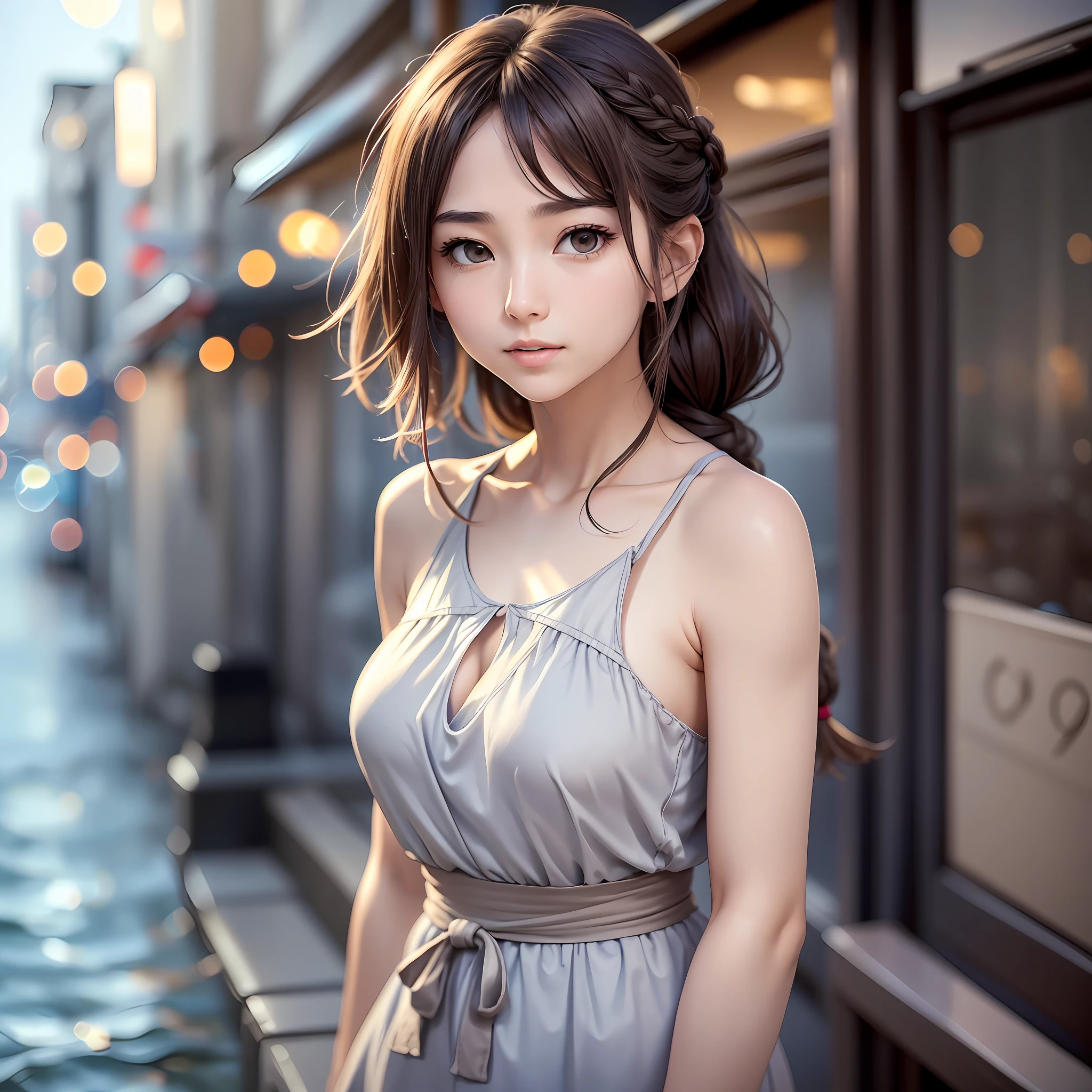 Evening: 1.7), Japan, Tokyo, seaside, beach, sea breeze, bare_shoulders, collarbone, sleeveless, Grey_dress, brown_eyes, brown_hair, braid, 1 girl, 20 years old, mature female, beautiful fingers, beautiful long legs, beautiful body, beautiful nose, beautiful character design, perfect eyes, perfect face, look up, NSFW, official art, extremely detailed CG Unity 8k wallpaper, perfect lighting, colorful, Bright_Front_face_Lighting, (masterpiece:1.0), (best_quality:1.0), ultra high resolution, 4K, super detail, photography, 8K, HDR, high resolution, absurd:1.2, kodak portella 400, film grain, background blur, bokeh:1.2, lens flare, (vibrant_color:1.2) (beautiful, large_Breasts：1.4）， （beautiful_face：1.5），（narrow_waist）， --auto --s2