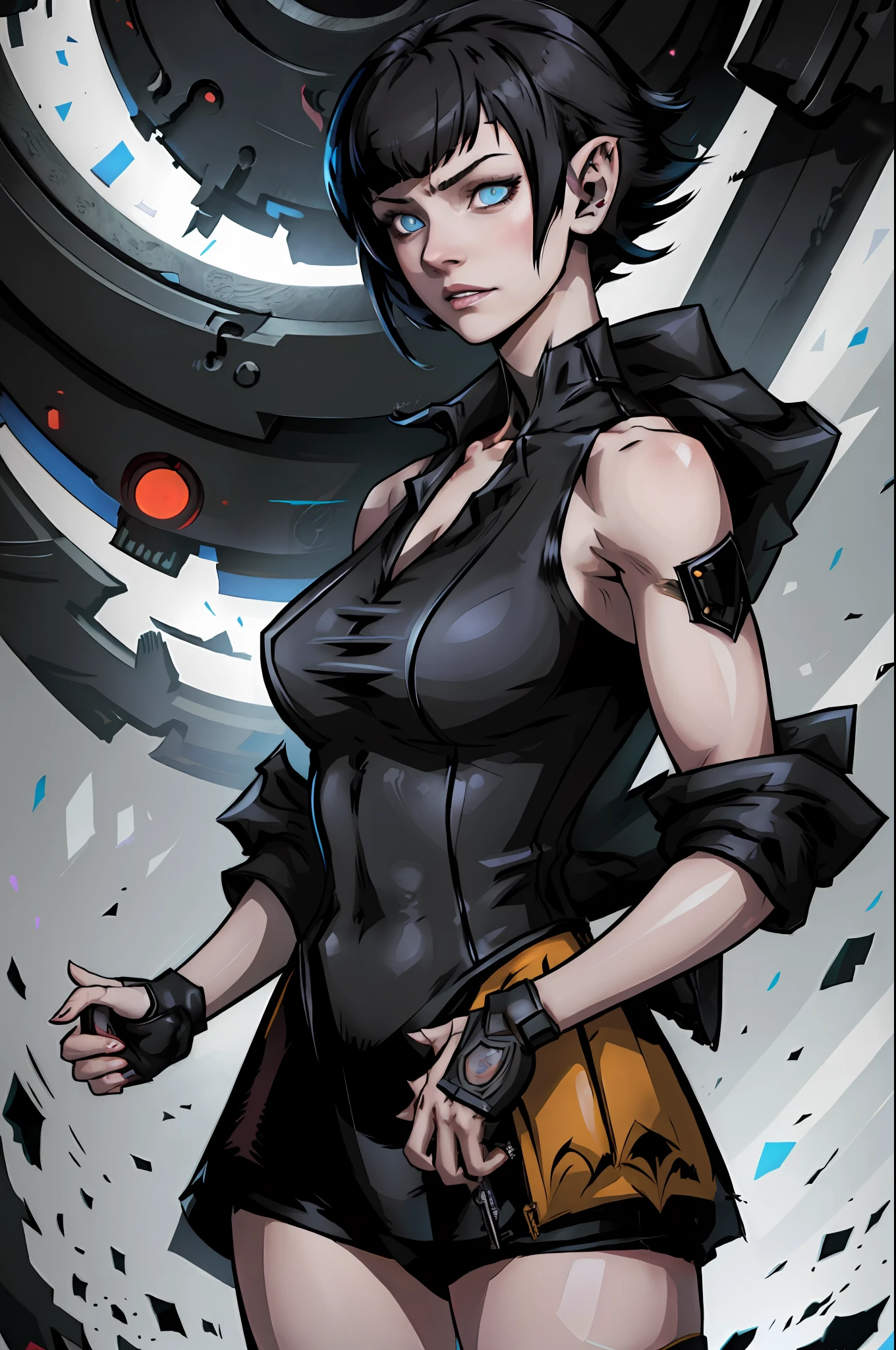 A closeup of a woman, concept art, character content art,1girl, highres, sharp focus, pixiv masterpiece, ((intricate details)), highly detailed,exquisite fanart highly detailed, commission for high resolution, one eye, detailed eyes,blue eyes, pale skin, fair skin, short black hair, dark hair with female cyberpunk style cut, muscular female body!, pointed ear,  vampire, costume: cyberpunk mercenary outfit, Underworld style outfit, neckline, revealing neckline, joy ride style, ilya kuvshinov,Anime Moe Artstyle, Female anime character, Anime character,