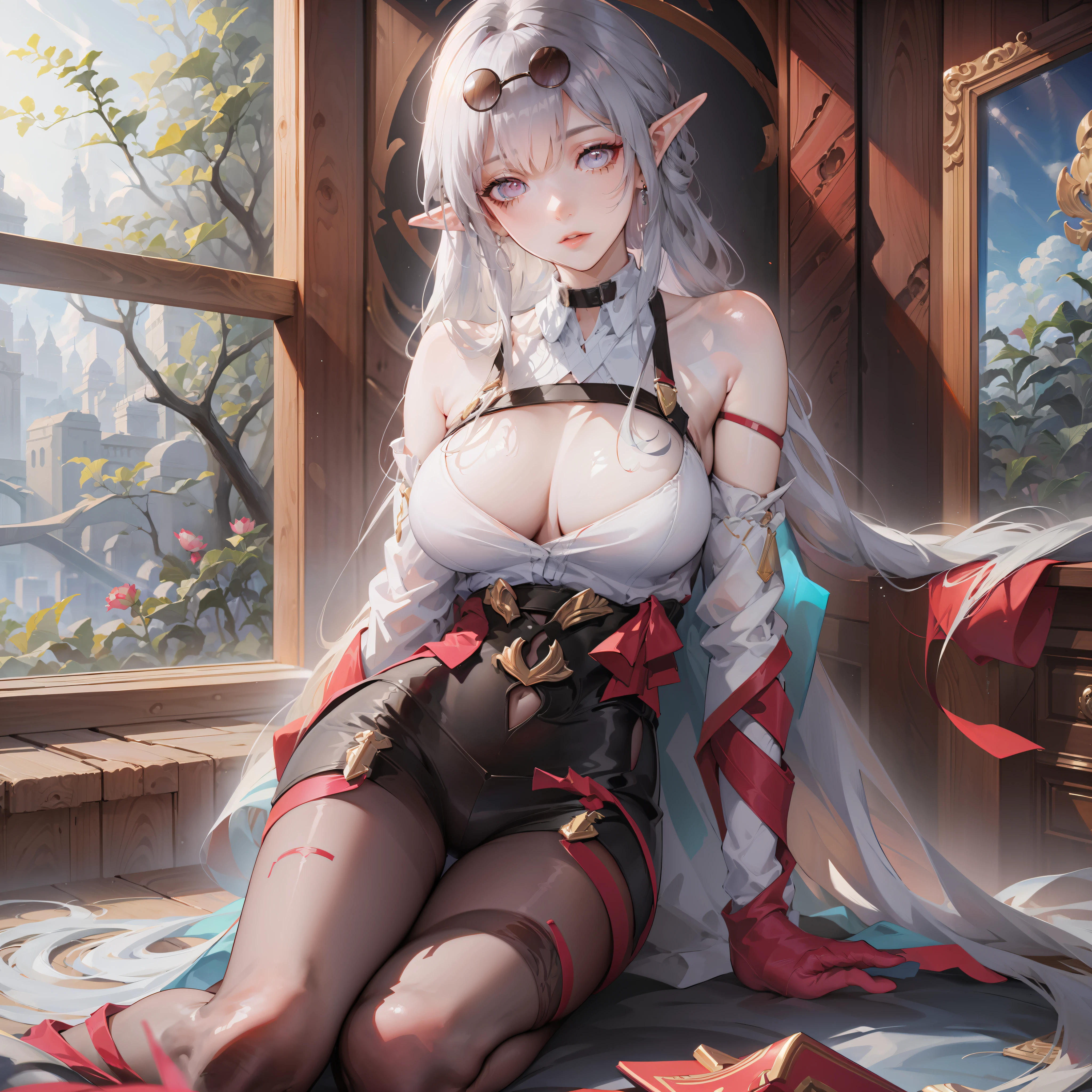She is covered in red clothes, under the slender jade neck, a crisp chest like condensed white jade, half covered and half covered, a bundle of plain waist, not even a grip, a pair of long moist and well-proportioned legs are naked, even the beautiful lotus feet are silently enchanting, issuing a tempting invitation. Masterpiece, Super Fine Photo,, Best Quality, Ultra High Resolution, Photorealistic Photorealism, Sunlight, Full Body Portrait, Amazing Beauty (Masterpiece), (Best Quality), Perfect Figure, Ultra Detailed, Detailed Face, Girl, Best Quality, Elf, Black Stockings, Beautiful Legs (Silver White Hair,