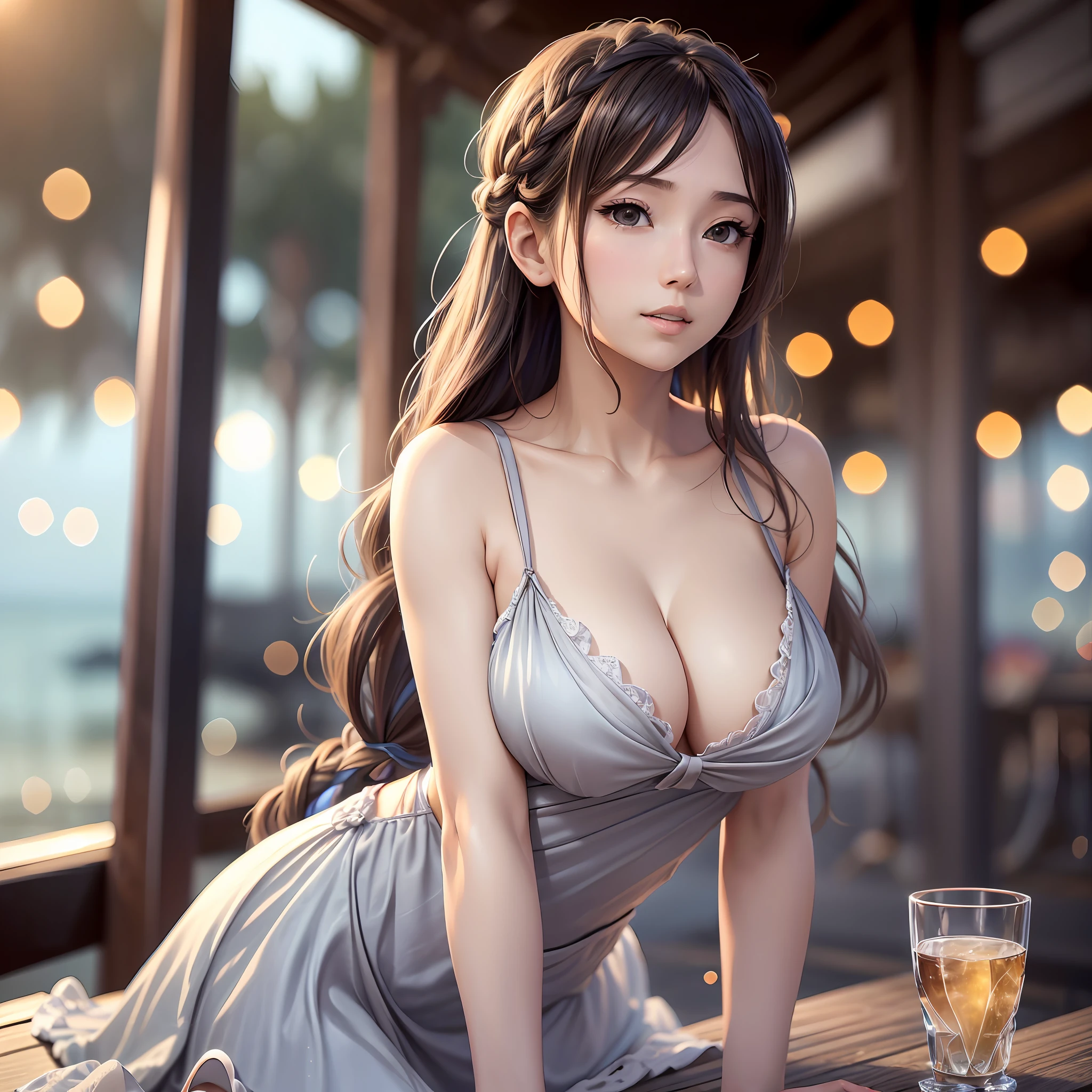 Evening: 1.7), Japan, Tokyo, seaside, beach, sea breeze, bare_shoulders, collarbone, sleeveless, Grey_dress, brown_eyes, brown_hair, braid, 1 girl, 20 years old, mature female, beautiful fingers, beautiful long legs, beautiful body, beautiful nose, beautiful character design, perfect eyes, perfect face, look up, NSFW, official art, extremely detailed CG Unity 8k wallpaper, perfect lighting, colorful, Bright_Front_face_Lighting, (masterpiece:1.0), (best_quality:1.0), ultra high resolution, 4K, super detail, photography, 8K, HDR, high resolution, absurd:1.2, kodak portella 400, film grain, background blur, bokeh:1.2, lens flare, (vibrant_color:1.2) (beautiful, large_Breasts:1.4), (beautiful_face:1.5),(narrow_waist), --auto --s2