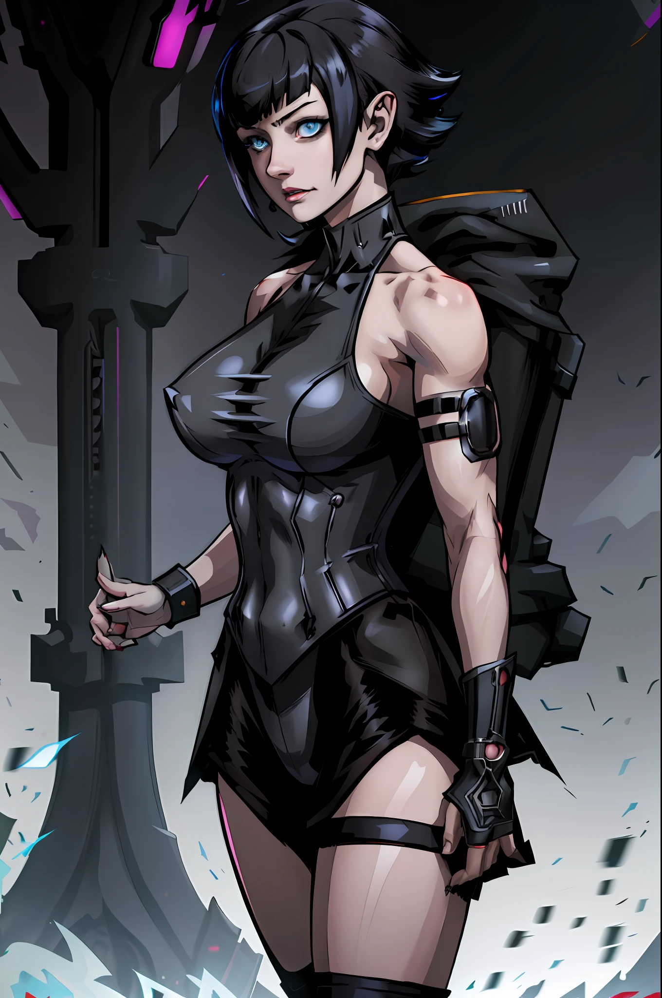 A closeup of a woman, concept art, character content art,1girl, highres, sharp focus, pixiv masterpiece, ((intricate details)), highly detailed,exquisite fanart highly detailed, commission for high resolution, one eye, detailed eyes,blue eyes, pale skin, fair skin, short black hair, dark hair with female cyberpunk style cut, muscular female body!, pointed ear, vampire, costume: cyberpunk mercenary outfit, Underworld style outfit, neckline, revealing neckline, joy ride style, ilya kuvshinov,Anime Moe Artstyle, Female anime character, Anime character,