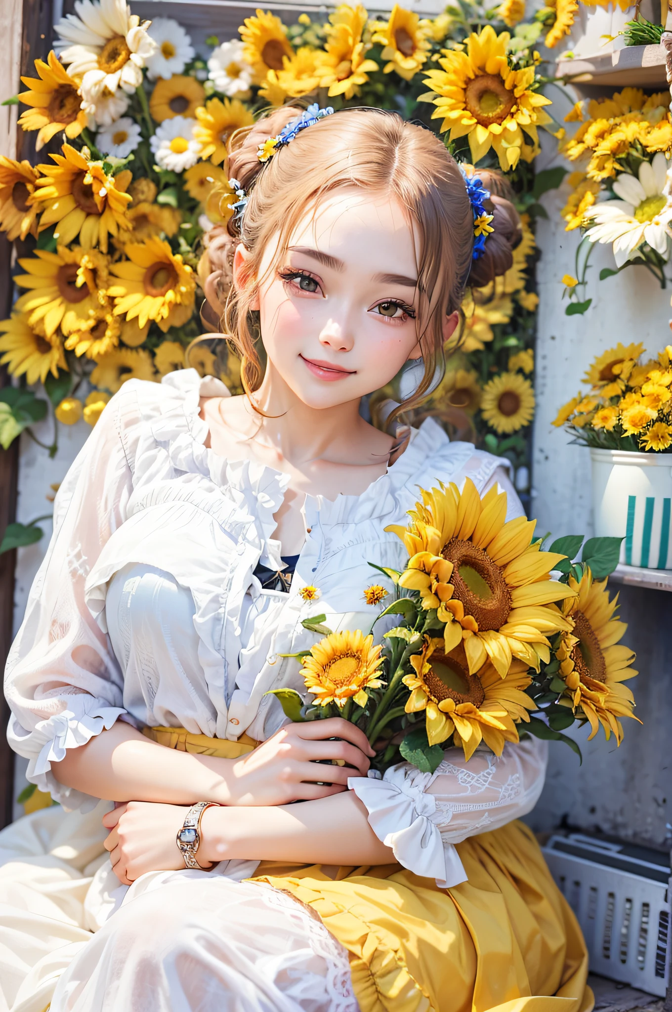 Girl sitting on the ground with a bouquet of flowers in her hand, sunflowers in the background, flowers around, hairstyle is double ball head, girl sweet smile, beautiful sunflower anime girl, yellow flowers around, full of flowers, girl in flowers, girl in flower field, many flowers, cute, Surrealism, high detail, depth of field, cinematic lighting, sparkle, pov, UHD, super detail, high details, masterpiece, black hair, pink dress,