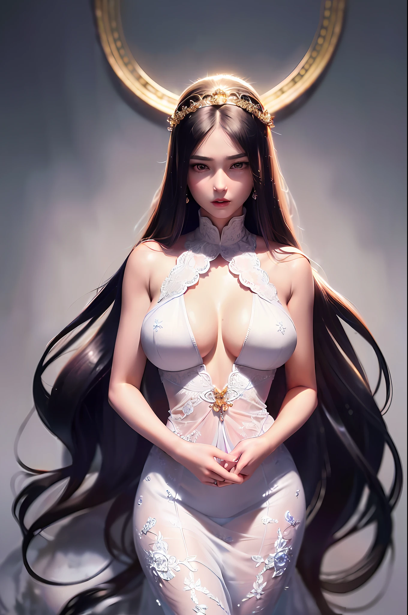 Unparalleled masterpiece, ultra-realistic 8k CG, perfect artwork, (((Perfect female figure)), gray hair, red eyes, thin waist, Chinese god, staring at the beholder, seductive posture, sexy pose, attractive, clean, beautiful face, pure face, pale skin, tremendously long hair, (big breasts: 0.8), divine goddess, shiny skin, skin dent, lace, lace trim, Lace trim legwear, delicate pattern, intricate details, (rich: 1.4), (prestige, gorgeous, luxury, royal palace, jewel, gem, gold, silver, diamond, sparkle), sapphire, ruby, emerald, pearl, amber, blue cloth, red cloth, 1girl, solo, white cloth, pink cloth, purple cloth