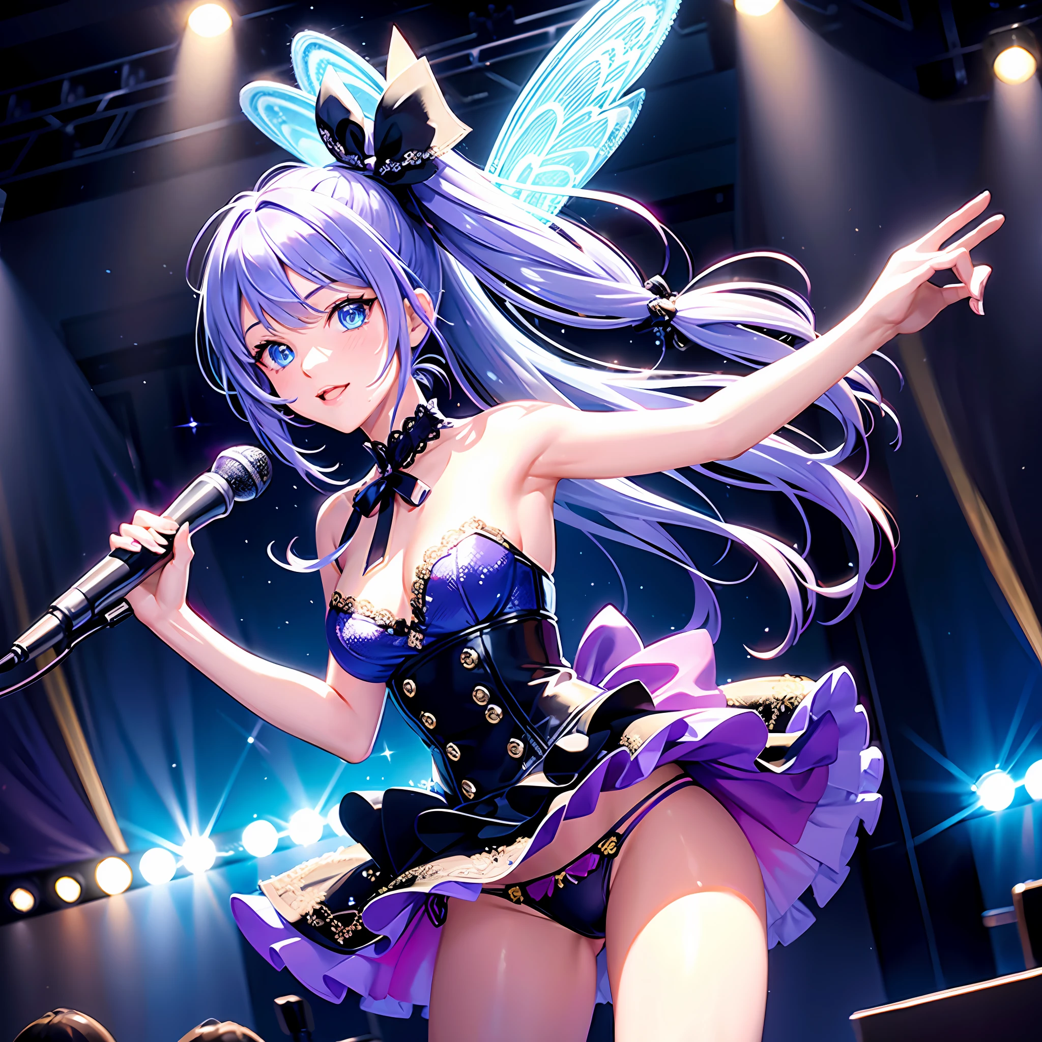 Illustration, cinematic light, high resolution, best quality, ultra detailed, detailed face, (detailed eyes), highest quality, super detailed, masterpiece, (detailed face), pretty face, best smile, netted hair, sexy mature woman transparent (ultra detailed embroidery and ribbons, idol outfit: 1.5), ruffled mini skirt, cloth, choker, open cloth, NSFW, high heels, blue eyes, Neon small glowing hair ends, AI fantasy concert, glowing lighting with neon details, idol, (live stage: 1.15), (holding the microphone with left hand singing: 15), sticking out buttocks and singing: 5, (to the crowded audience in the background), light reflection, heart-shaped iris, playful eyes, open shoulders, (wet body), small shining butterfly, hair jewelry, panties, cute panties: 1.5