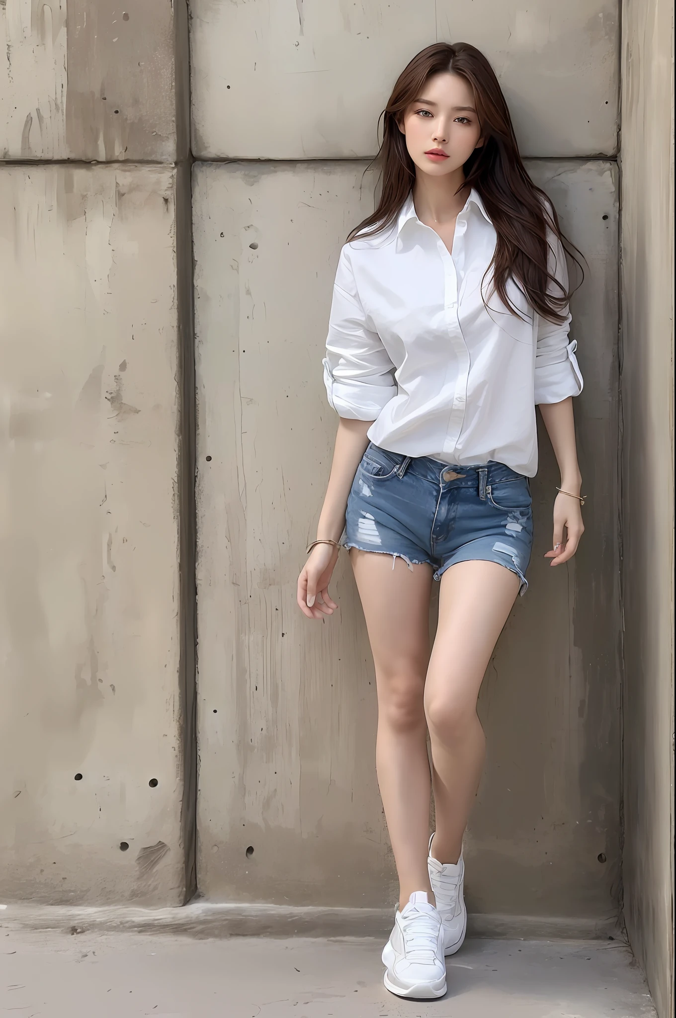 (Top Quality, 4k, Masterpiece: 1.3), Beautiful Woman, Woman 1, Dark Brown Hair: 1.1, Ultra-Detailed Face, Detailed Lips, Detailed Eyes, Double Eyelids, ((Full Body: 1.2)), Everyday Wear, Outdoor, Denim Short, (((White Shirt)), (Sneakers)), Standing, Leaning Against the Wall