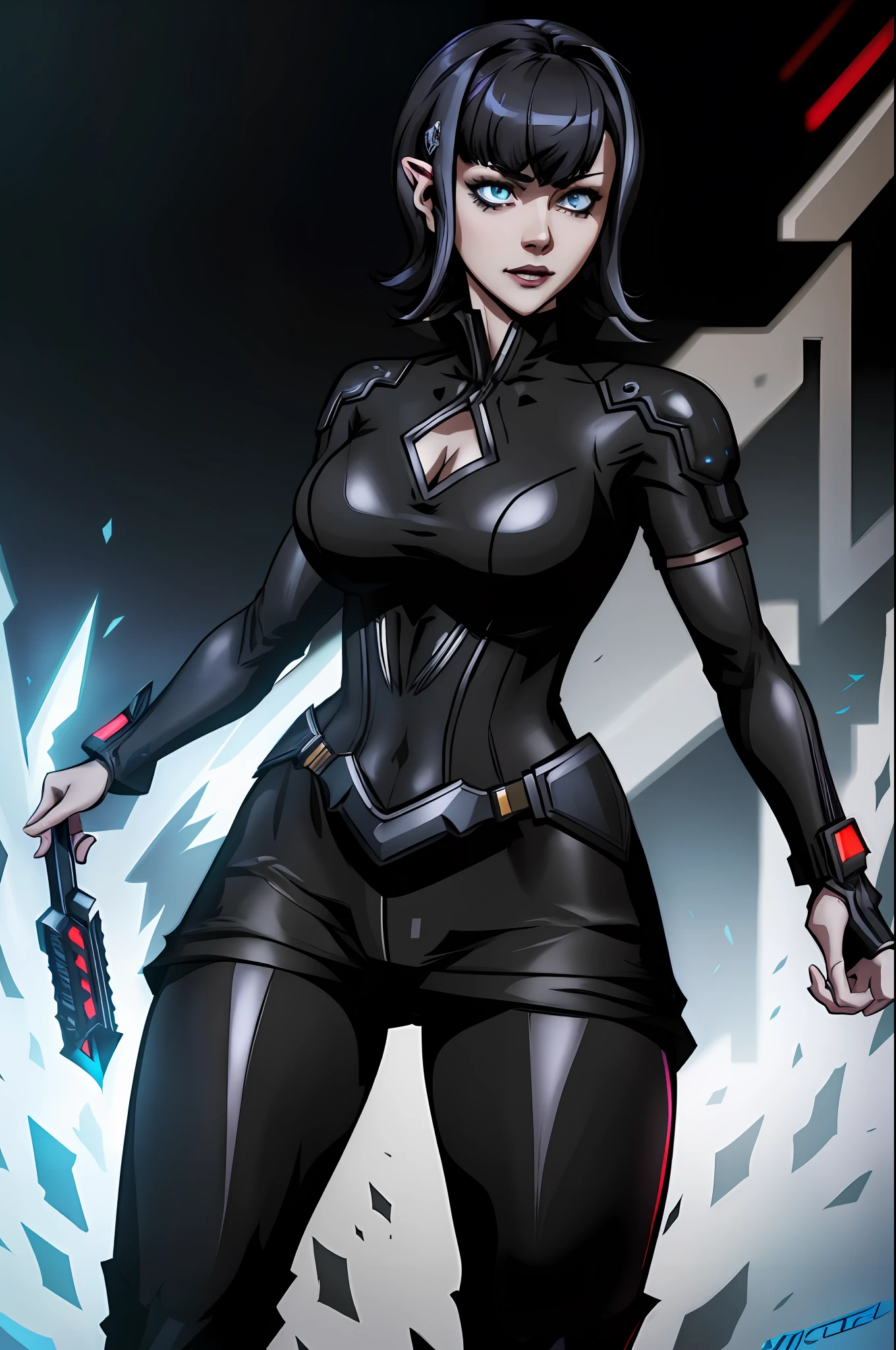 A closeup of a woman, concept art, character content art,1girl, highres, sharp focus, pixiv masterpiece, ((intricate details)), highly detailed,exquisite fanart highly detailed, commission for high resolution, one eye, detailed eyes,blue eyes, pale skin, fair skin, short black hair, dark hair with female cyberpunk style cut, muscular female body!, pointed ear,  vampire, costume: cyberpunk mercenary outfit, Underworld style outfit, neckline, revealing neckline, joy ride style, ilya kuvshinov,Anime Moe Artstyle, Female anime character, Anime character,