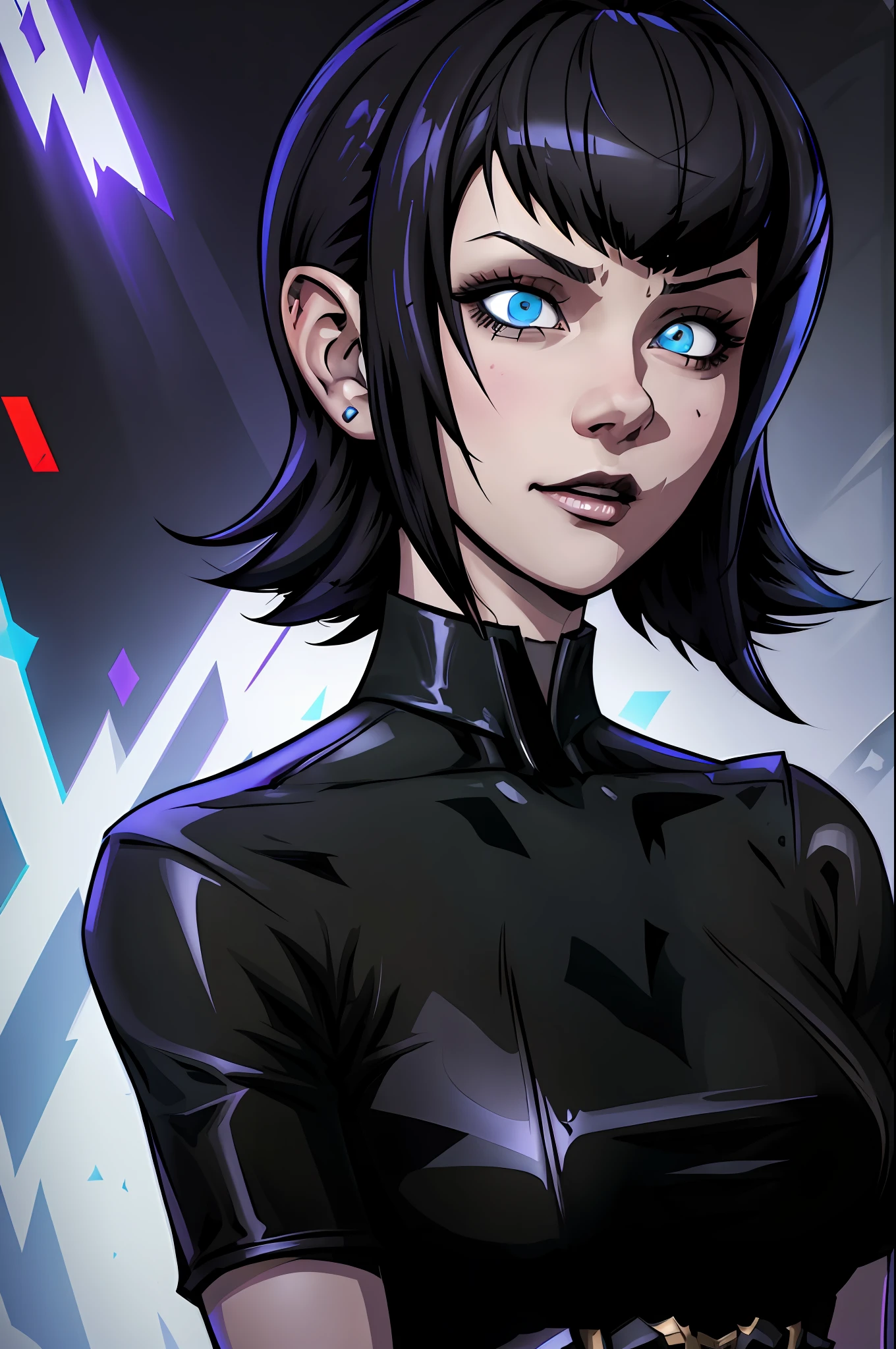 A closeup of a woman, concept art, character content art,1girl, highres, sharp focus, pixiv masterpiece, ((intricate details)), highly detailed,exquisite fanart highly detailed, commission for high resolution, one eye, detailed eyes,blue eyes, pale skin, fair skin, short black hair, dark hair with female cyberpunk style cut, muscular female body!, pointed ear,  vampire, costume: cyberpunk mercenary outfit, Underworld style outfit, neckline, revealing neckline, joy ride style, ilya kuvshinov,Anime Moe Artstyle, Female anime character, Anime character,