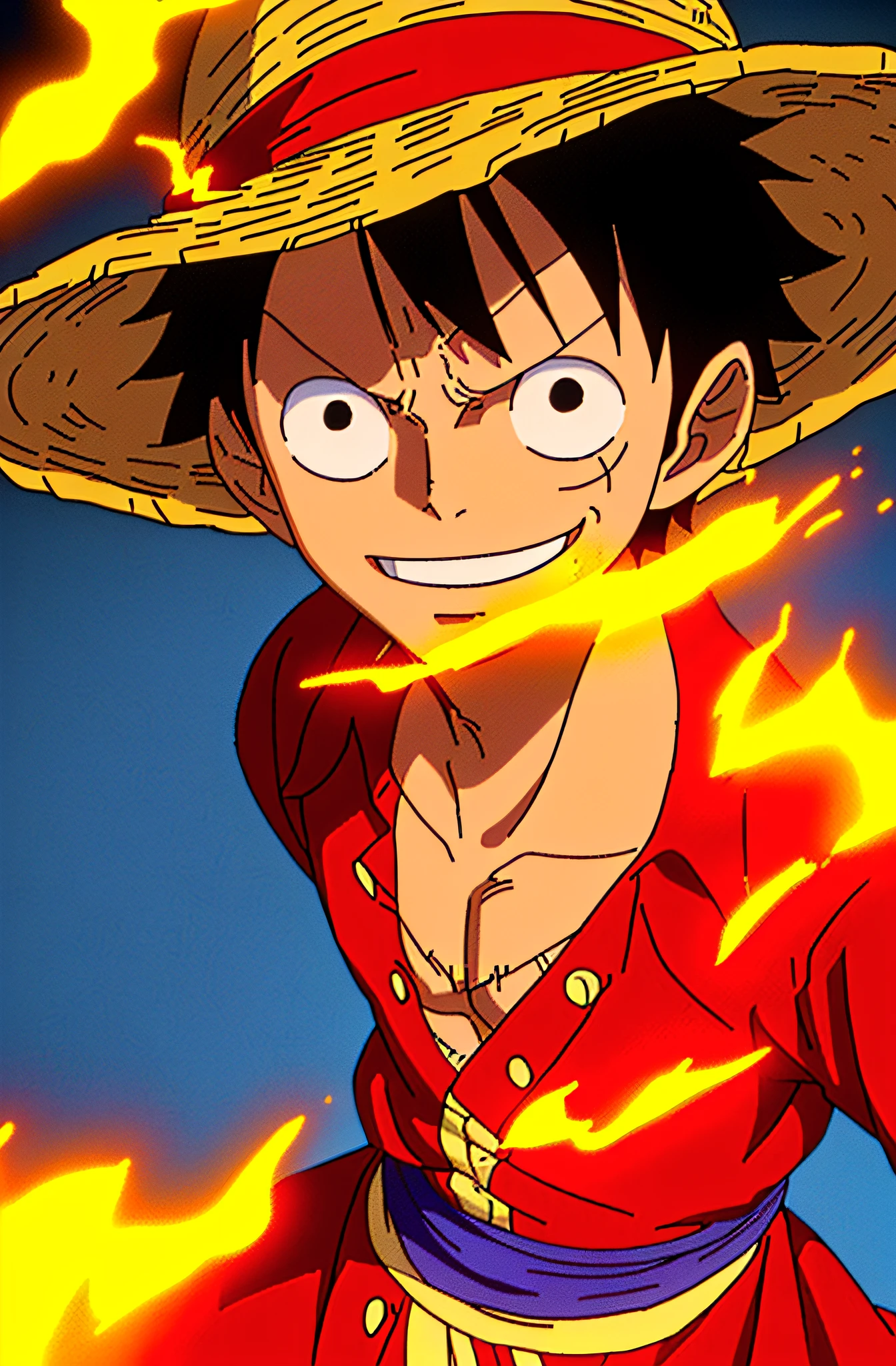 1boy, wanostyle, monkey d luffy, smiling, straw hat, looking at viewer, solo, upper body, ((masterpiece)), (best quality), (extremely detailed), depth of field, sketch, dark intense shadows, sharp focus, soft lighting, hdr, colorful, good composition, fire all around, spectacular, closed shirt, anime screencap, scar under eye, ready to fight, black eyes