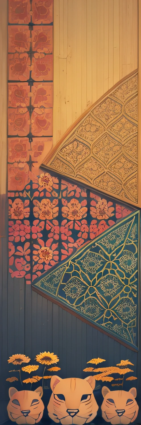 3D flower patterns, --ar 3:2, --tile , equirectangular 360, Highres, (art by Willi Baumeister: 1.1), (art by John T. Biggers: 1.2)::17 , official art, continuous paper 8k unit, ultra detailed, aesthetic, masterpiece, best quality, photorealistic, ((only front face)) Tiger in the Middle , Flowers Behind --auto --s2