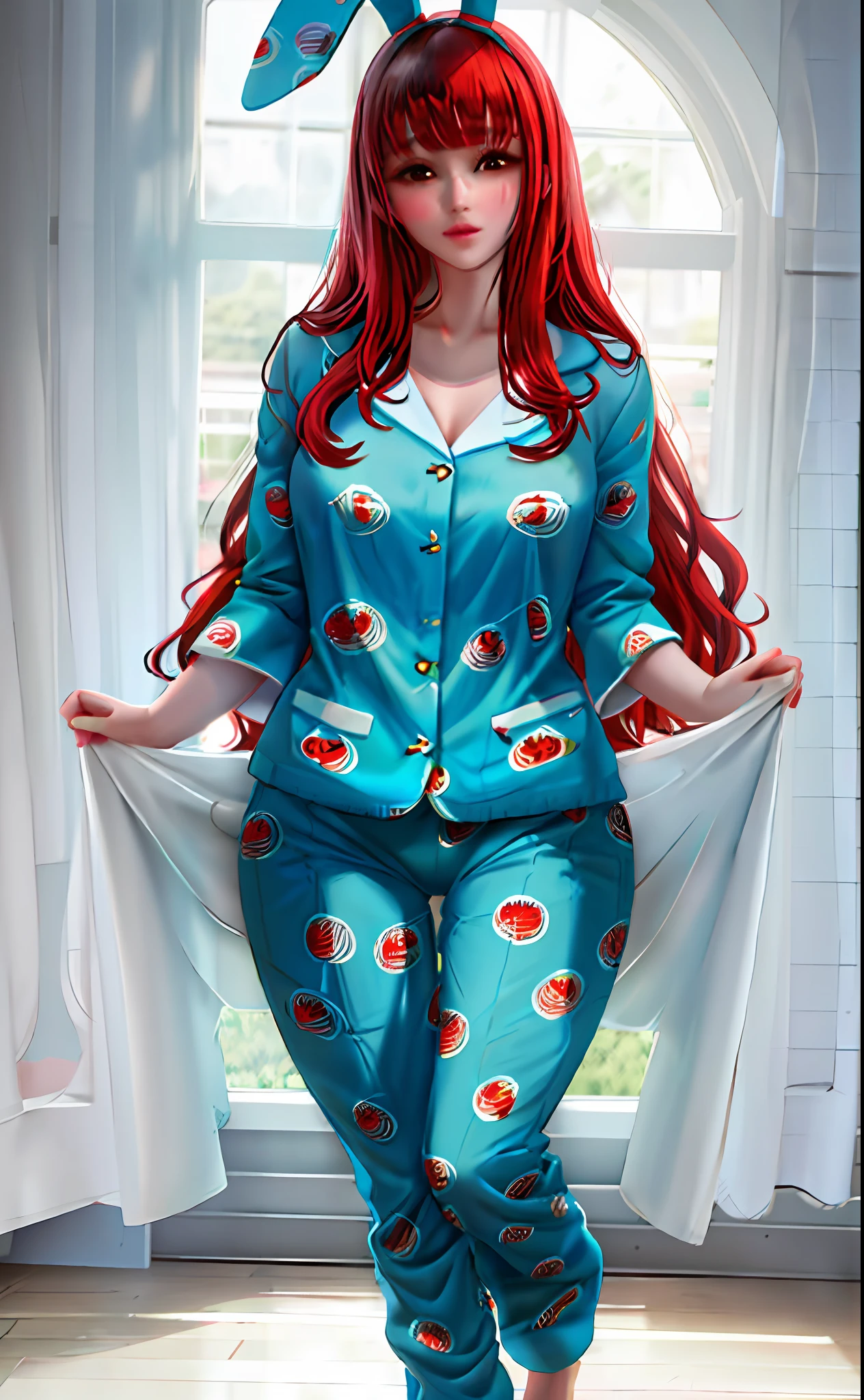 Realistic art, whole body, woman, 1.58 height, 65kg, 30 years, long wavy red hair with bangs, very white skin, small breasts, big ass, round and delicate face, brown eyes, wearing turquoise pajamas with white bunny print on the fabric.