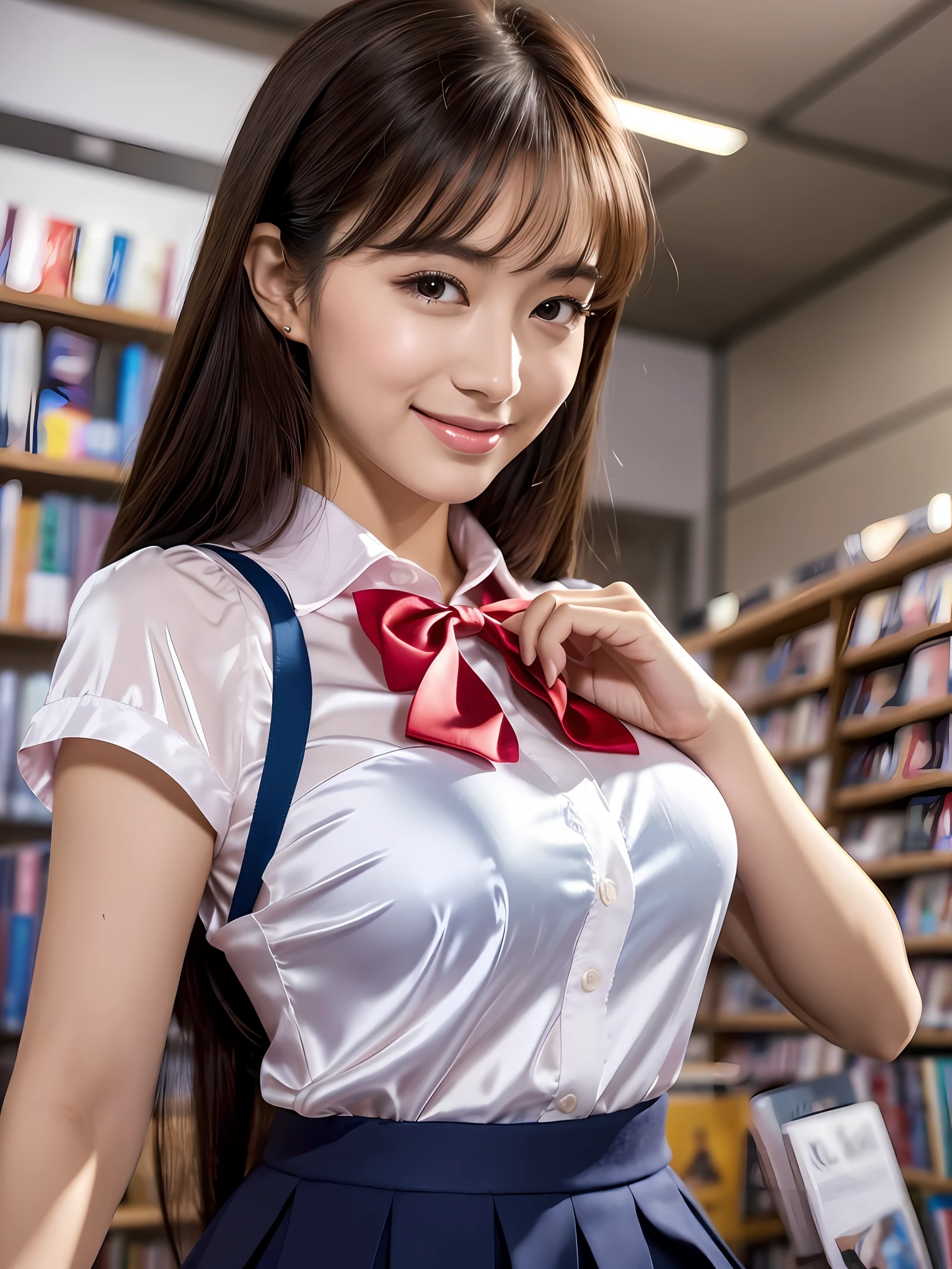 masterpiece, close up shot of a face, directly front view, 1 woman per 1 photo, a Japanese young pretty woman, hyper pretty face, 18 years old, reading a guidebook in a book store with carrying a tote bag on her shoulder, big smile, glamorous figure, wearing a short sleeves silky white collared shirt with shiny satin red plain bow tie, glossy lips, double eyelids in both eyes, natural makeup, long eyelashes, shiny smooth light brown hair of medium length, asymmetrical bangs, tanned skin, wearing a dark blue pleated skirt, head in the frame, central image, 8K resolution, high detail, detailed hairstyle, Detailed Face, spectacular cinematic lighting, octane rendering, vibrant, hyper realistic, perfect limbs, perfect anatomy