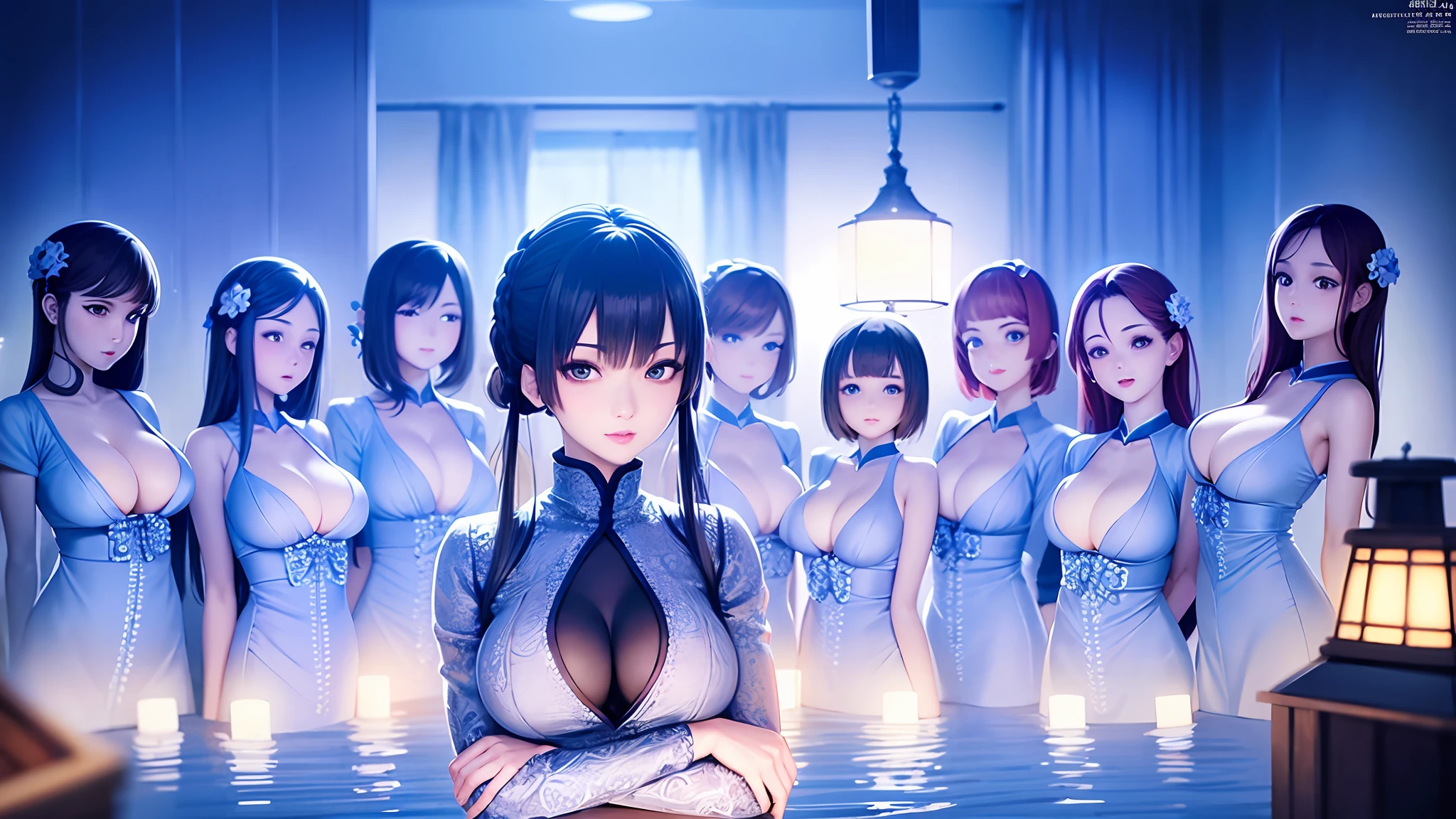 best quality, high resolution, extremely detailed photography, professional lighting, 9 girls, Japanese actress, 20yo, slender, detailed medium breasts, cleavage, beautiful detailed face and eyes, wide eyed, detailed shoulders, detailed bust