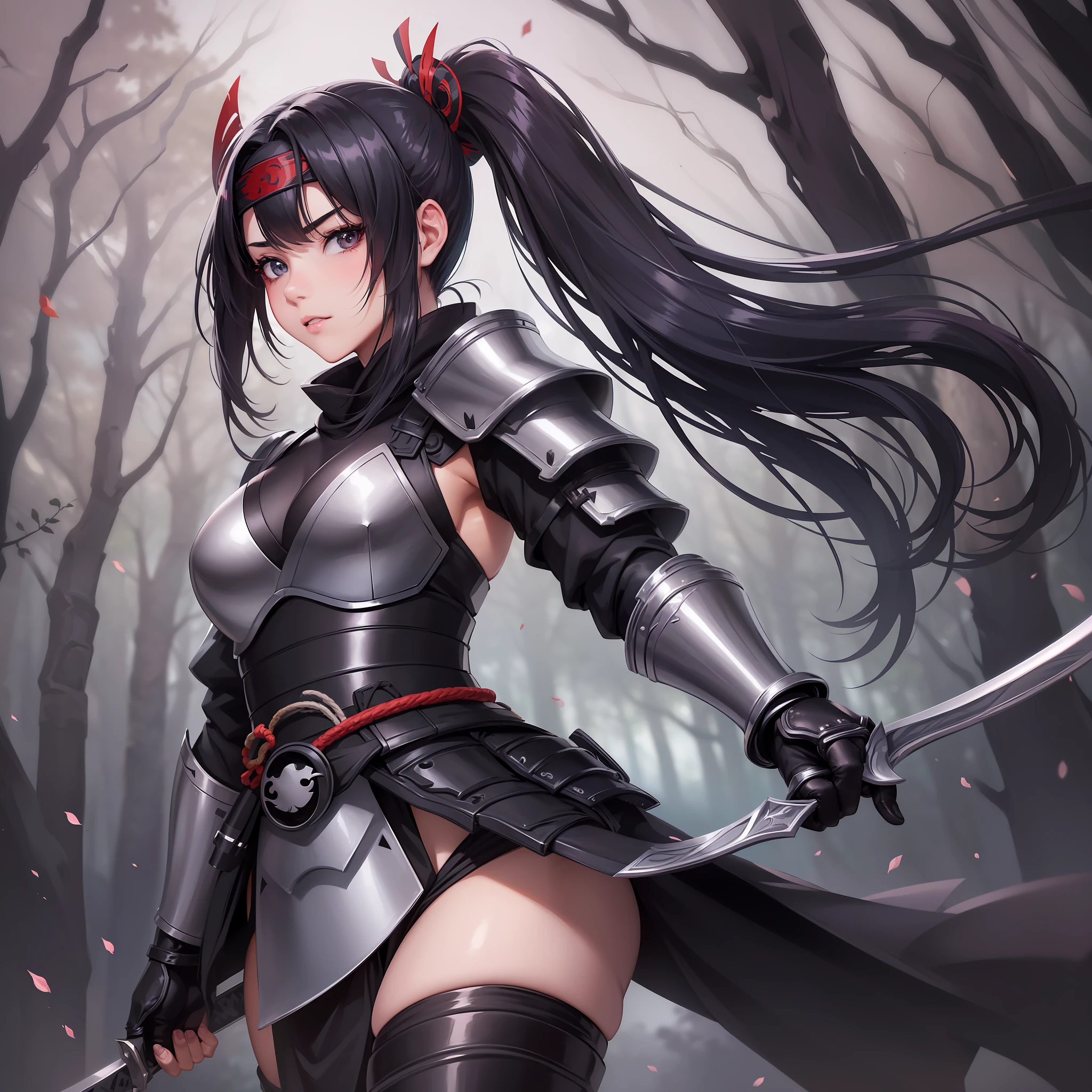 1 Beautiful Girl,1 Ninja (Good Quality), Best Quality (8K), Highly Detailed Background, Dark Forest, Face ((Japan person) (masked) (Beautiful nose) (Adult) (Quality highest quality) (8K))), Perfect body line (8 heads),Full body (standing) ((Black shinobi armor))),Moisturized black hair (gloss, best quality),Straight long hair (princess cut),Big,18 years old,Battle pose