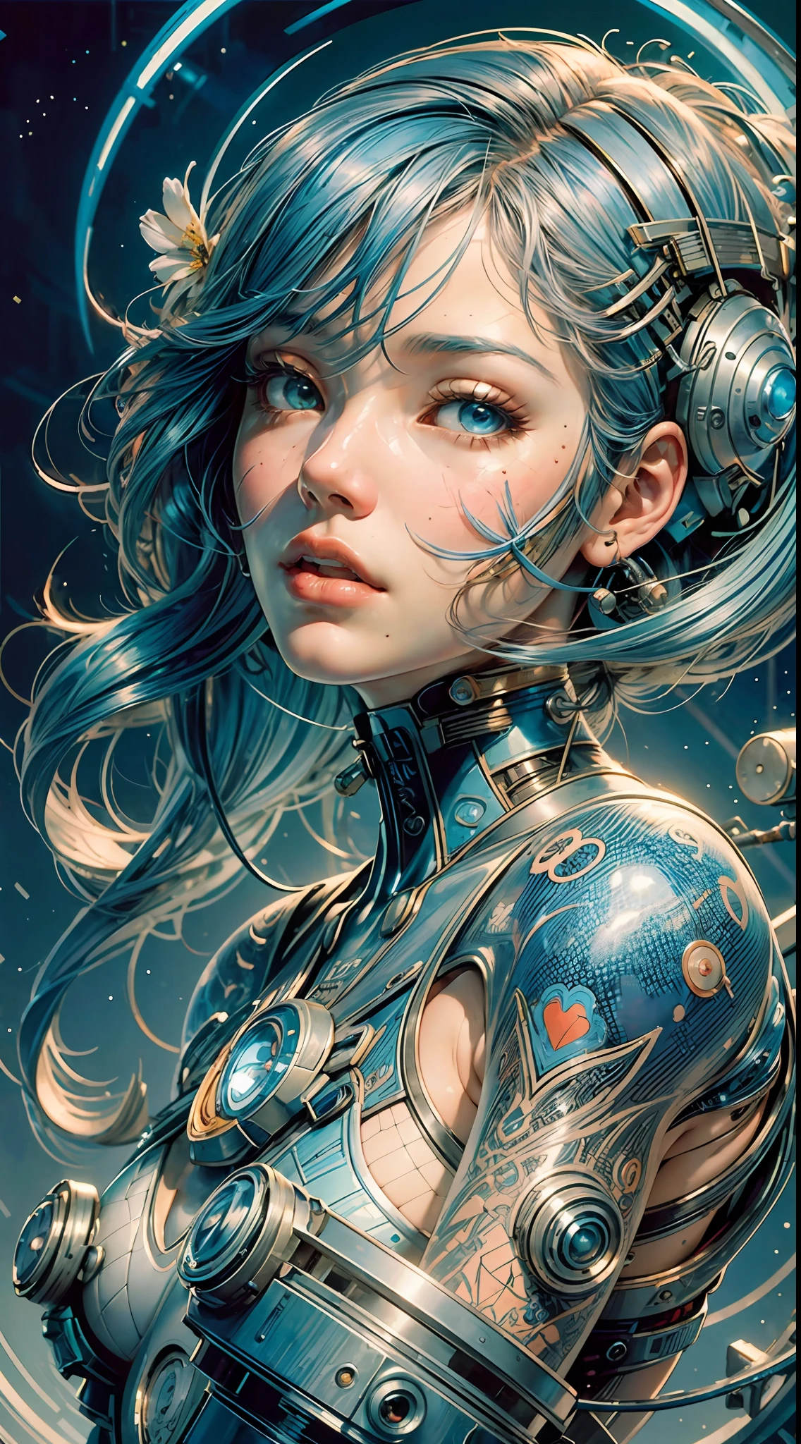 painting of a cyborg woman with a blue hair and a flower in her hair with cyber arms de costas, artgerm and james jean, anna dittmann alberto vargas, in style of anna dittmann, beautiful retro art, a beautiful artwork illustration, inspired by James Jean, james jean and wlop, james jean soft light 4 k, james jean soft light 4k, beautiful digital artwork