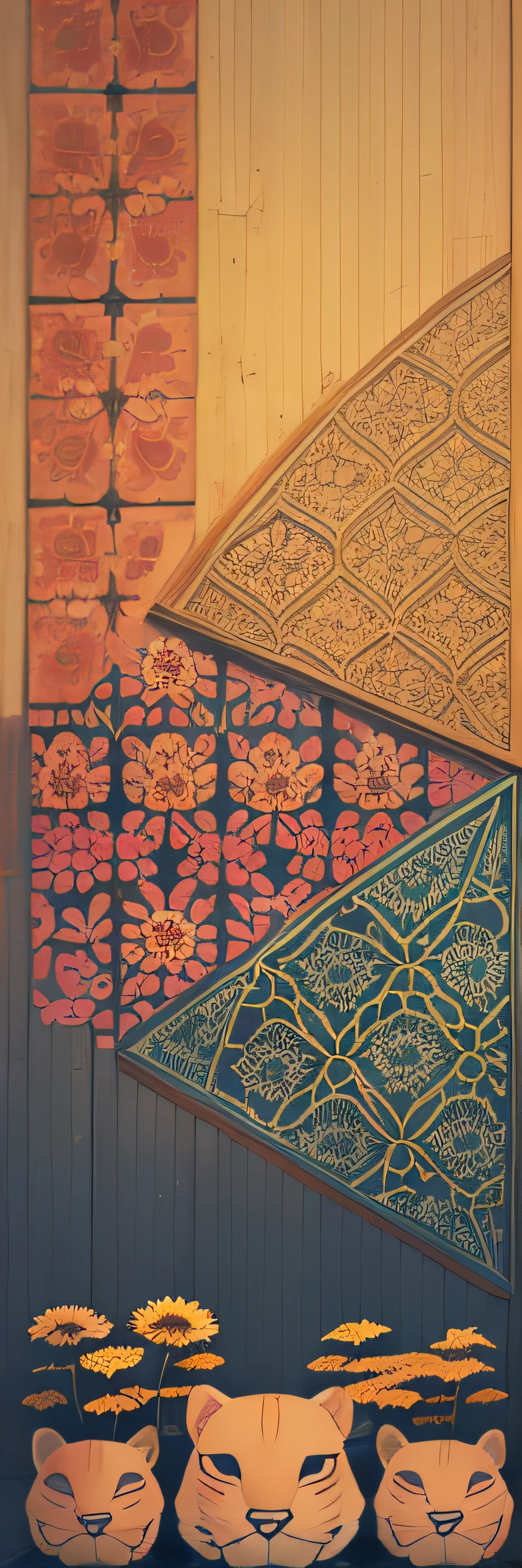 3D flower patterns, --ar 3:2, --tile , equirectangular 360, Highres, (art by Willi Baumeister: 1.1), (art by John T. Biggers: 1.2)::17 , official art, continuous paper 8k unit, ultra detailed, aesthetic, masterpiece, best quality, photorealistic, ((only front face)) Tiger in the Middle , Flowers Behind --auto --s2