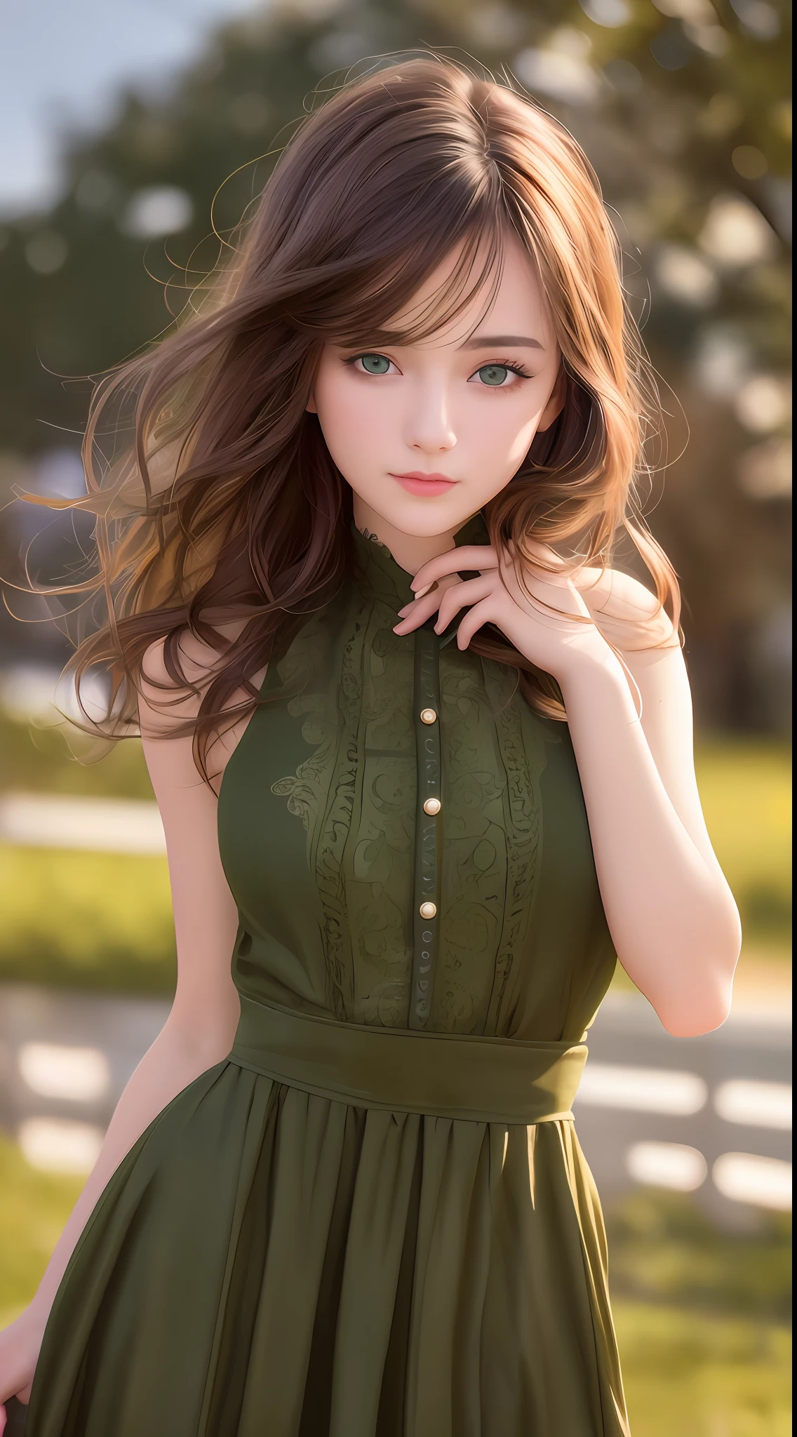 best quality, masterpiece, 1girl, Beautiful face, (green eyes), (brown hair), (photo realistic:1.3), rim lighting, (high detailed skin:1.2), 8k uhd, dslr, high quality, high resolution, 4k, 8k, Bokeh, absurdres, best ratio four finger and one thumb, (realistic:1.2), ulzzang, cute kawaii 1girl,