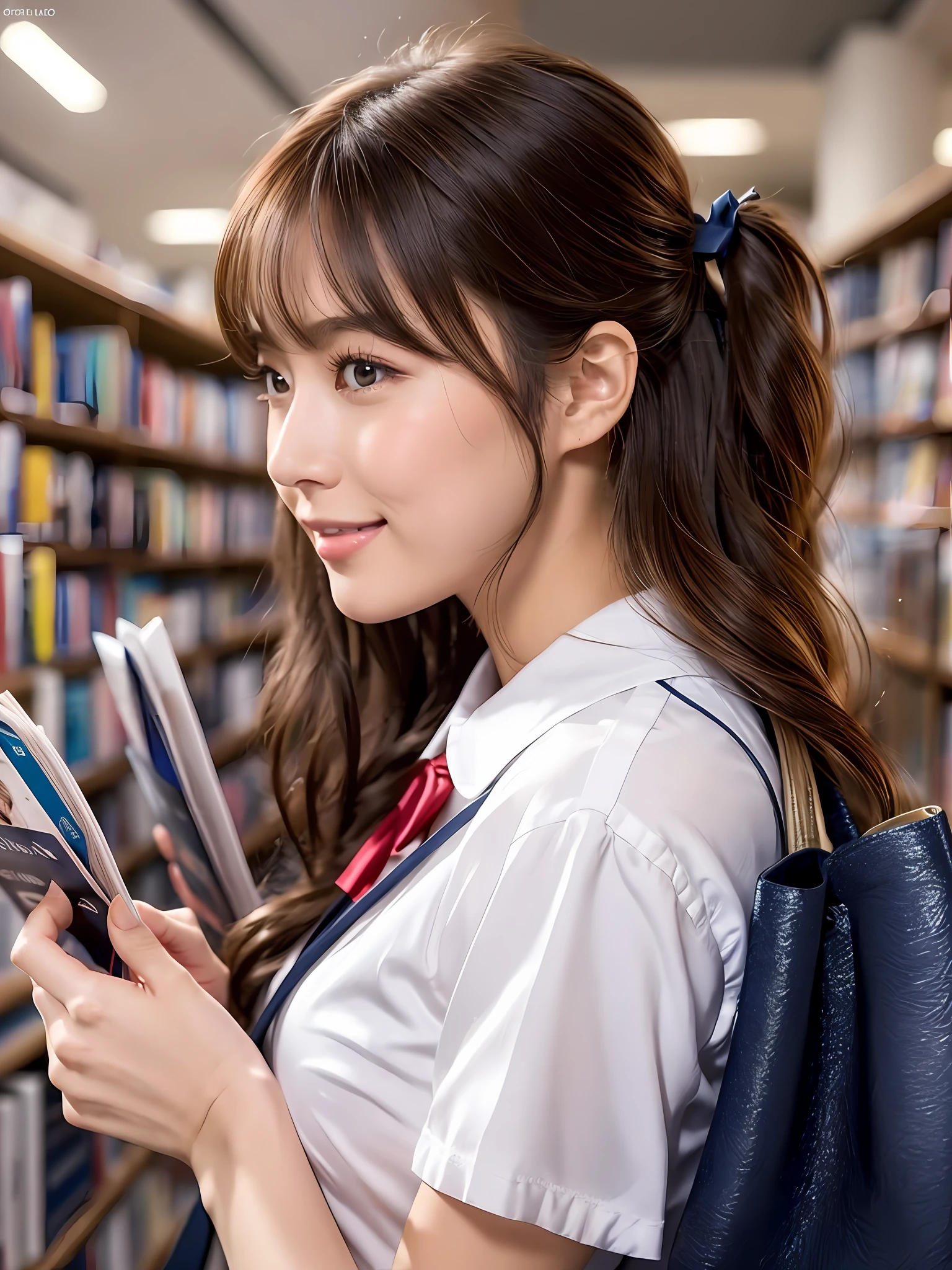 masterpiece, close up shot of a face, side view, 1 woman per 1 photo, a Japanese young pretty woman, hyper pretty face, 18 years old, reading a guidebook in a book store with carrying a tote bag on her shoulder, big smile, glamorous figure, wearing a short sleeves silky white collared shirt with shiny satin red plain bow tie, glossy lips, double eyelids in both eyes, natural makeup, long eyelashes, shiny smooth light brown hair of medium length, asymmetrical bangs, tanned skin, wearing a dark blue pleated skirt, head in the frame, central image, 8K resolution, high detail, detailed hairstyle, Detailed Face, spectacular cinematic lighting, octane rendering, vibrant, hyper realistic, perfect limbs, perfect anatomy