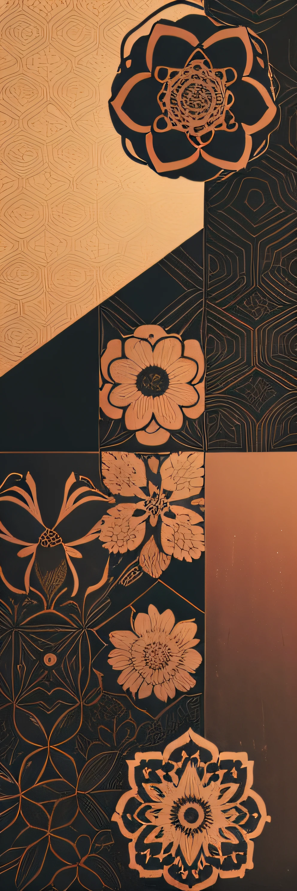 3D flower patterns, --ar 3:2, --tile , equirectangular 360, Highres, (art by Willi Baumeister: 1.1), (art by John T. Biggers: 1.2)::17 , official art, continuous paper 8k unit, ultra detailed, aesthetic, masterpiece, best quality, photorealistic, ((only front face)) Tiger in the Middle , Flowers Behind --auto --s2