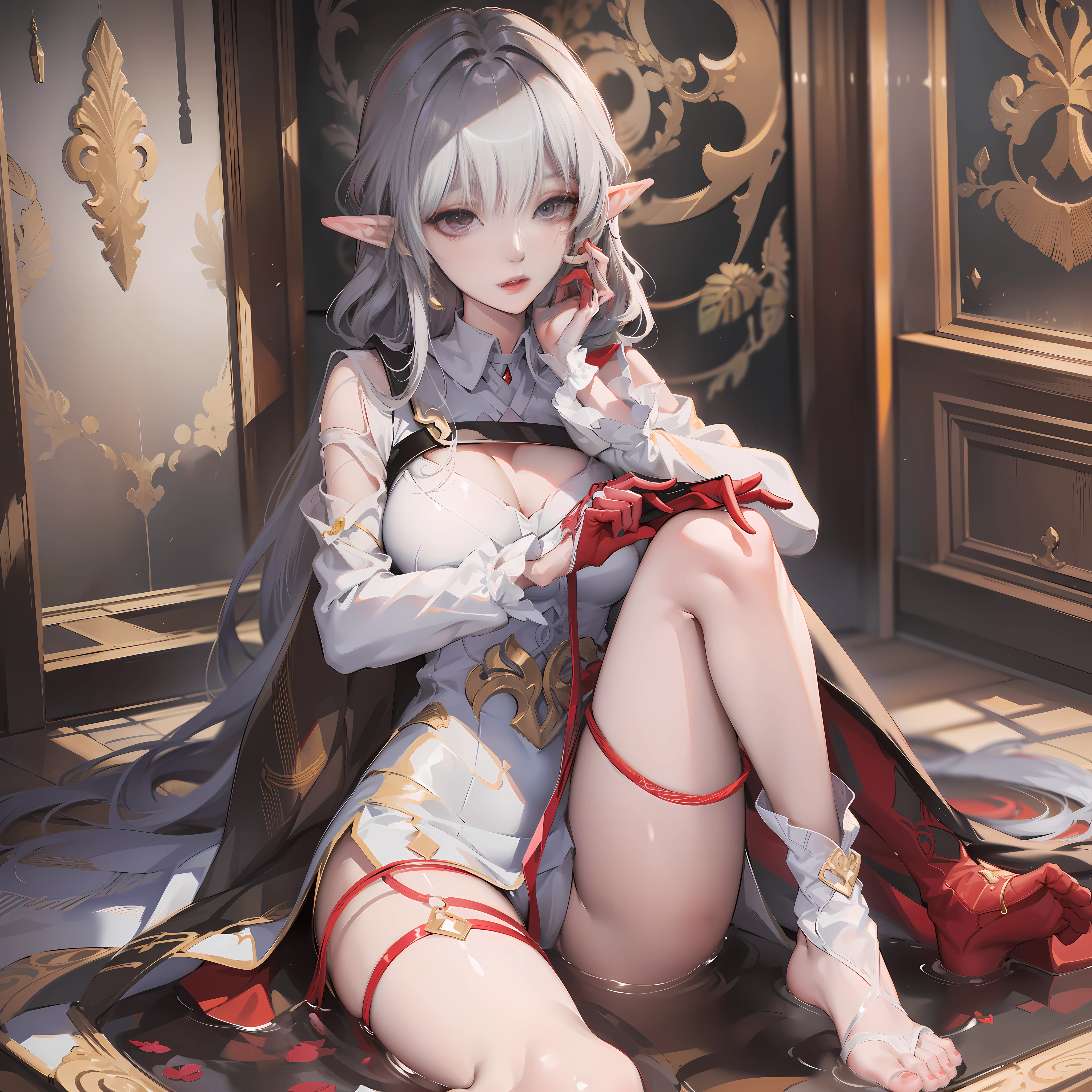 She is covered in red clothes, under the slender jade neck, a crisp chest like condensed white jade, half covered and half covered, a bundle of plain waist, not even a grip, a pair of long moist and well-proportioned legs are naked, even the beautiful lotus feet are silently enchanting, issuing a tempting invitation. Masterpiece, Super Fine Photo,, Best Quality, Ultra High Resolution, Photorealistic Photorealism, Sunlight, Full Body Portrait, Amazing Beauty (Masterpiece), (Best Quality), Perfect Figure, Ultra Detailed, Detailed Face, Girl, Best Quality, Elf, Black Stockings, Beautiful Legs (Silver White Hair,