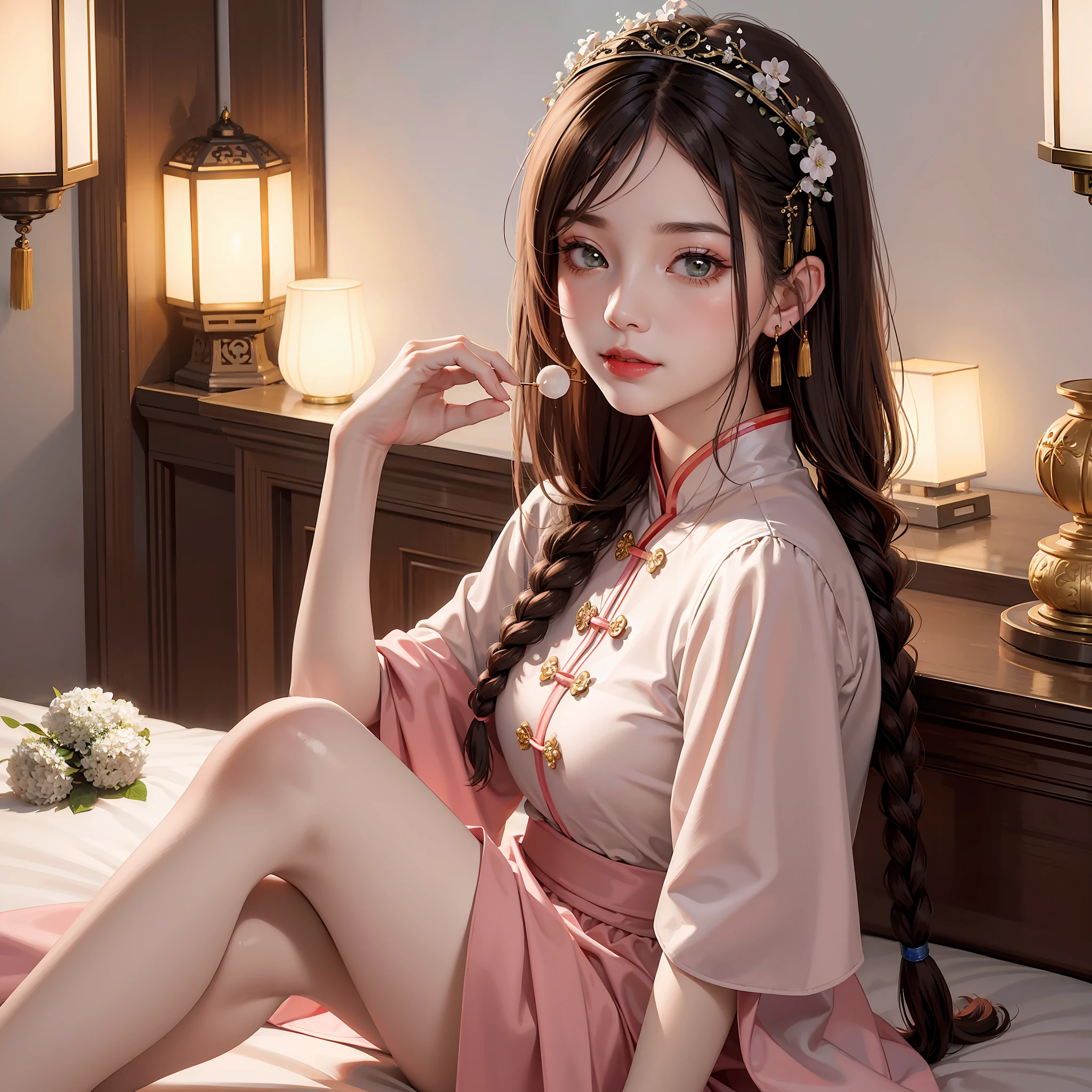 Masterpiece: The Best Night Full Moon 1 Female Mature Chinese Style Ancient Chinese Sister Royal Sister Smile Brown Hair Princess Cut Single Twist Braid Double Pill Head Light Pink Lips, Calm, Intellectual, Medium Hair, Green Eyes, Hairpin, Hydrangea,
