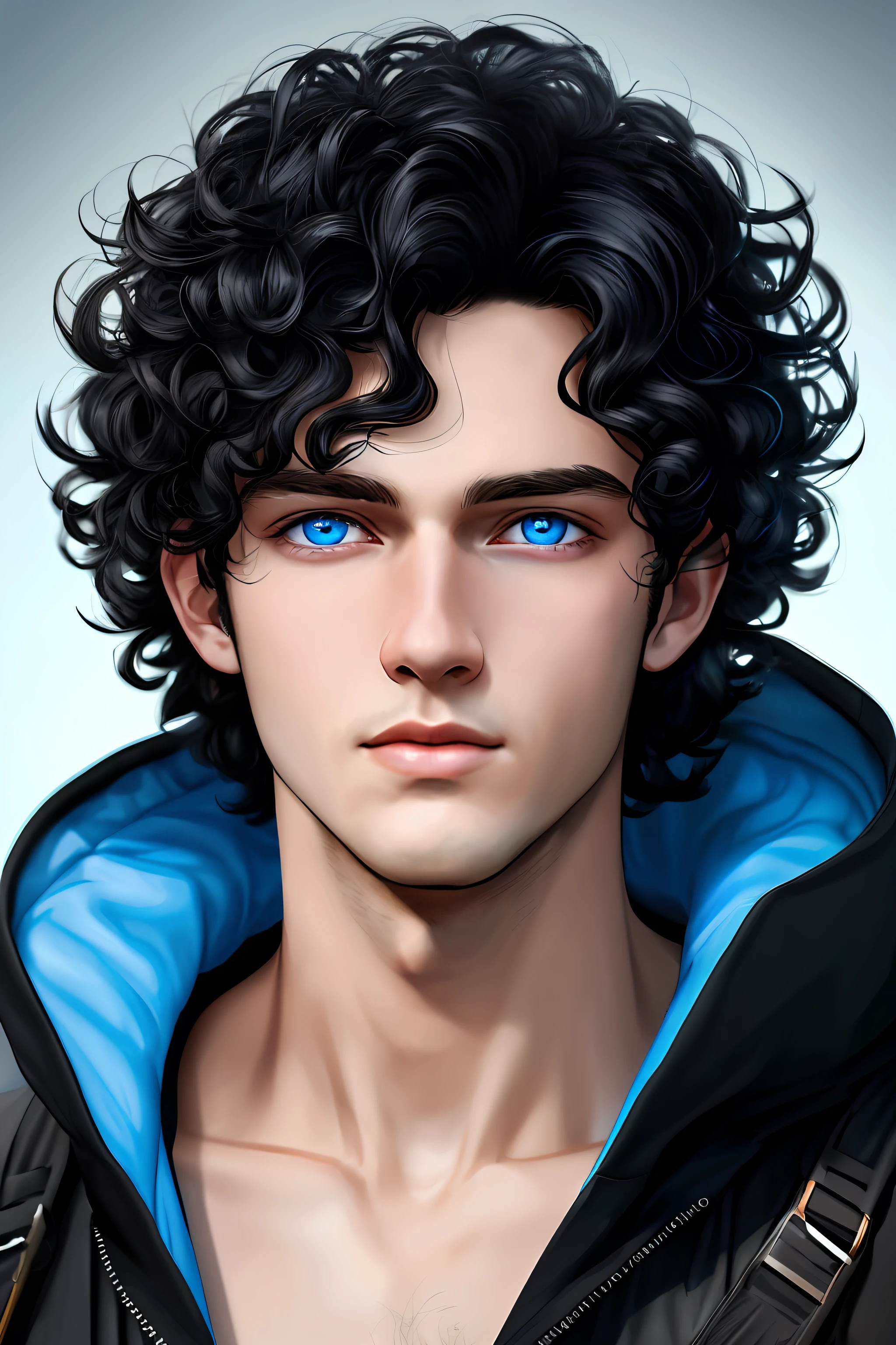 A 23-year-old man, curly black hair, blue eyes, ((soft lighting)), ((extremely detailed)), award-winning digital art, 4k