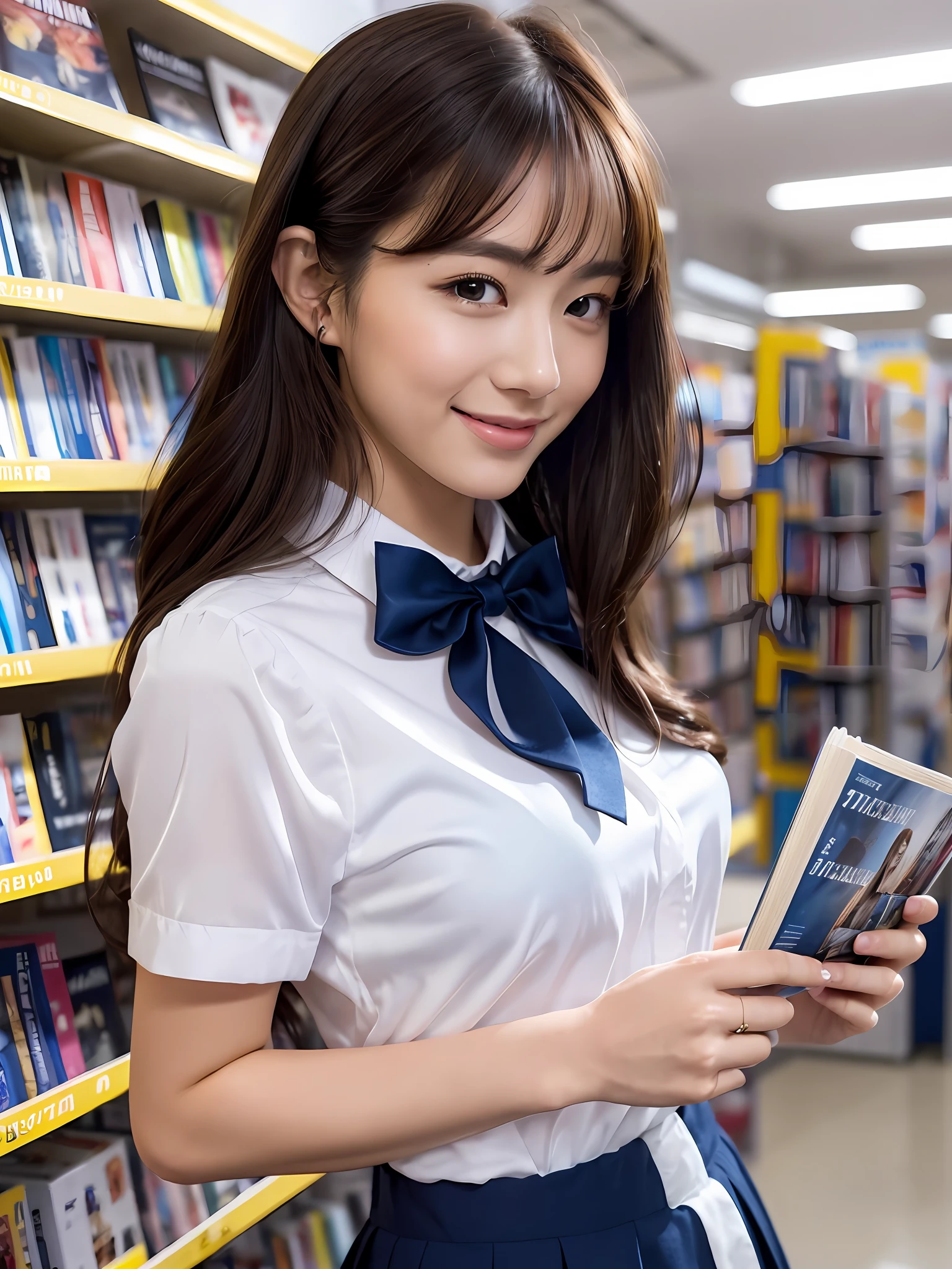 masterpiece, close up shot of a face, front view, 1 woman per 1 photo, a Japanese young pretty woman, hyper pretty face, 18 years old, reading a guidebook in a book store with carrying a tote bag on her shoulder, big smile, glamorous figure, wearing a short sleeves silky white collared shirt with shiny satin red plain bow tie, glossy lips, double eyelids in both eyes, natural makeup, long eyelashes, shiny smooth light brown hair of medium length, asymmetrical bangs, tanned skin, wearing a dark blue pleated skirt, head in the frame, central image, 8K resolution, high detail, detailed hairstyle, Detailed Face, spectacular cinematic lighting, octane rendering, vibrant, hyper realistic, perfect limbs, perfect anatomy