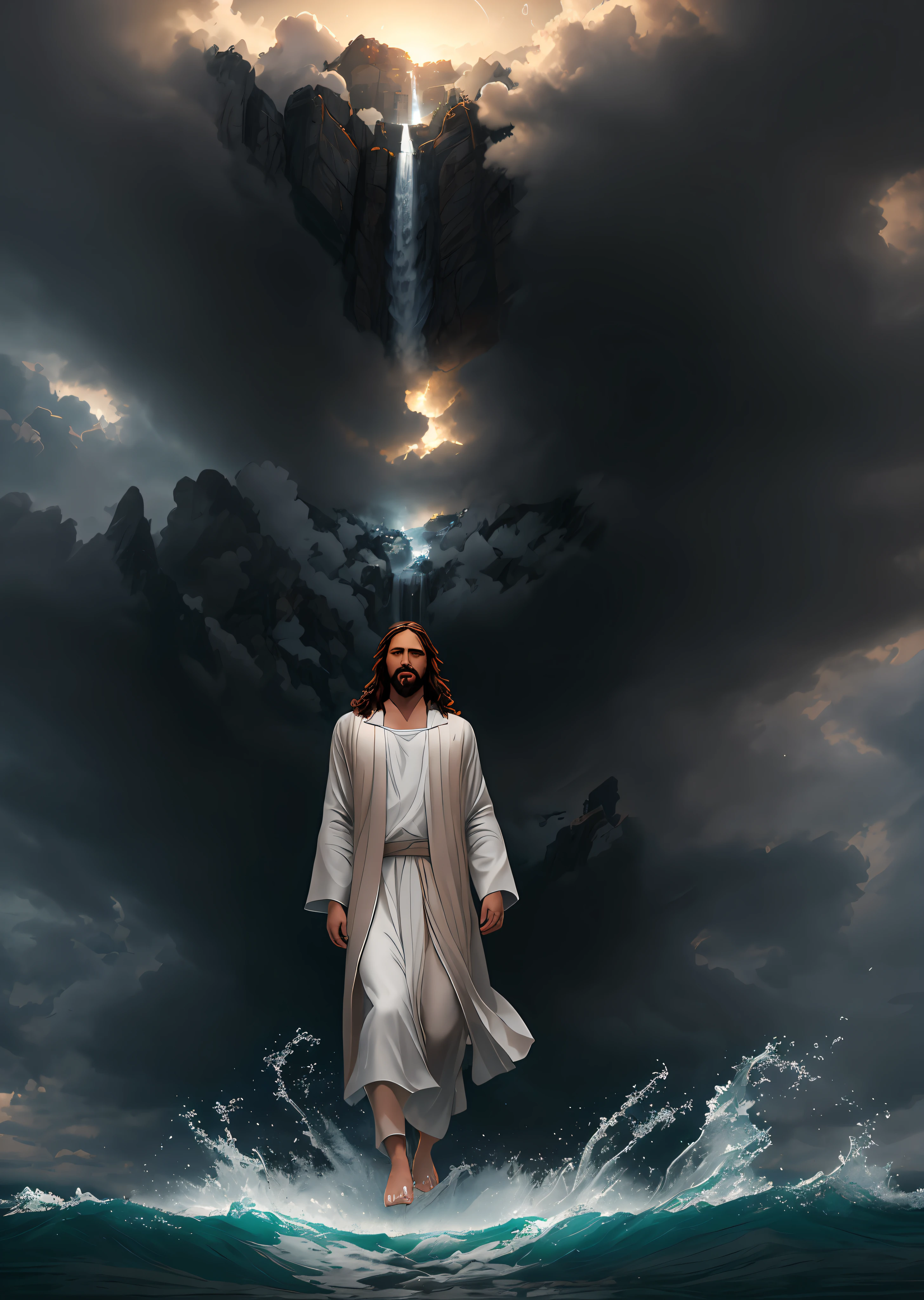 jesus walking on water in a storm, masterpiece, best quality, high quality, extremely detailed CG unit 8k wallpaper, award winning photography, Bokeh, Depth of Field, HDR, bloom, Chromatic aberration, photorealistic, extremely detailed, trending on artstation, trending on CGsociety, intricate, high detail, dramatic, mid-journey art, volumetric lighting