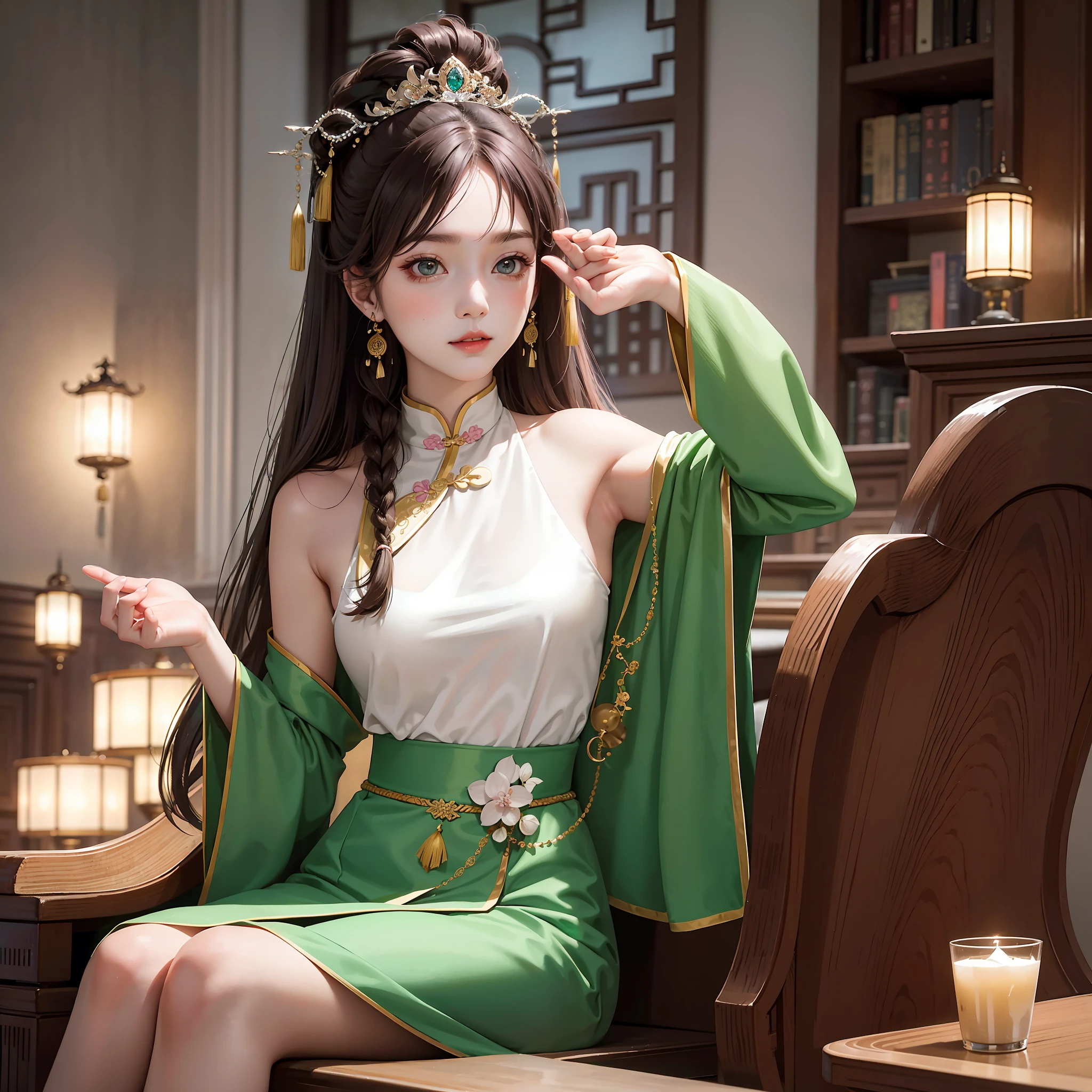 Masterpiece: The Best Night Full Moon 1 Female Mature Chinese Style Ancient Chinese Sister Royal Sister Smile Brown Hair Princess Cut Single Twist Braid Double Pill Head Light Pink Lips, Calm, Intellectual, Medium Hair, Green Eyes, Hairpin, Hydrangea,