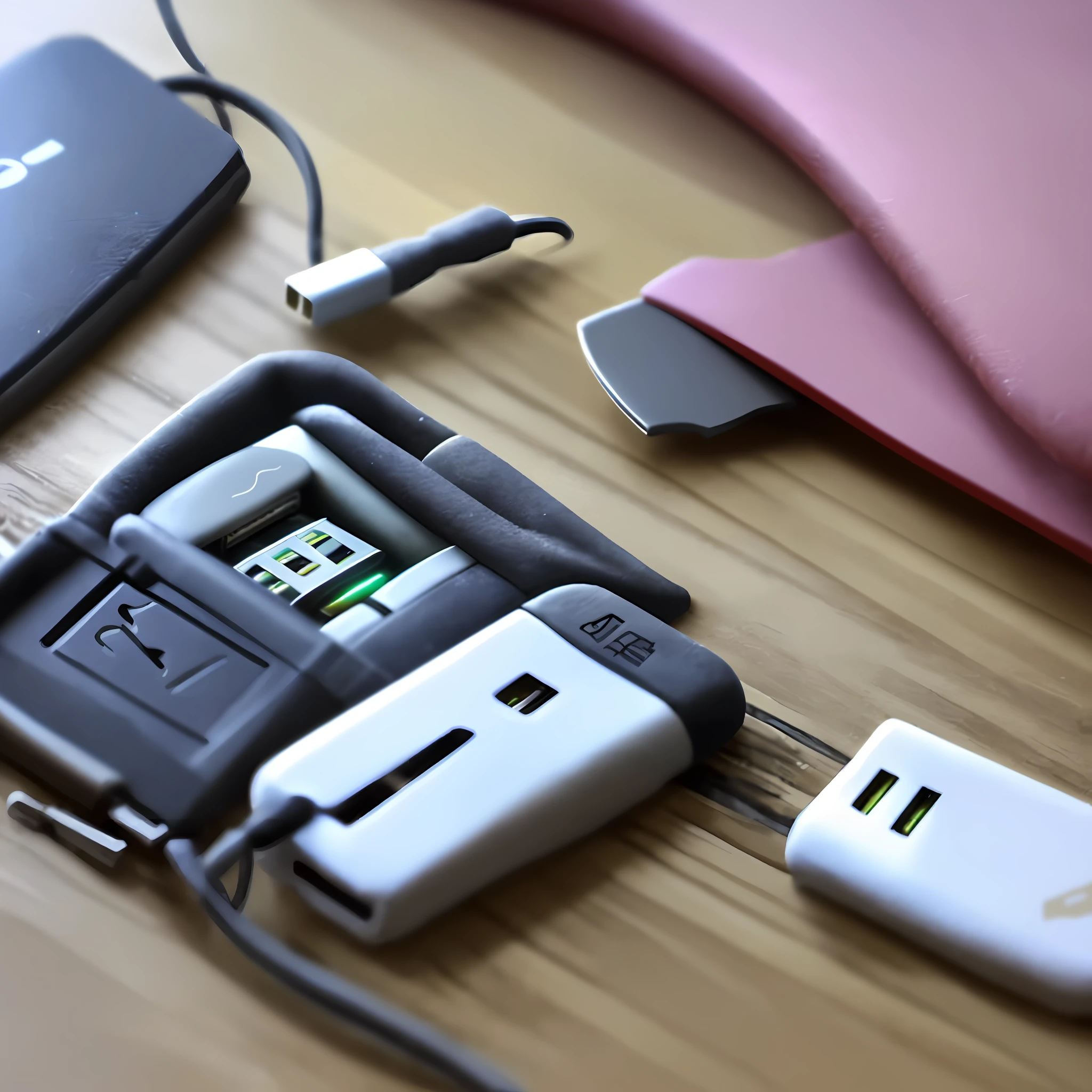 A USB flash drive on the table, give a close-up of the USB drive, with a little small decoration commonly used on the table around it, the overall bright style.