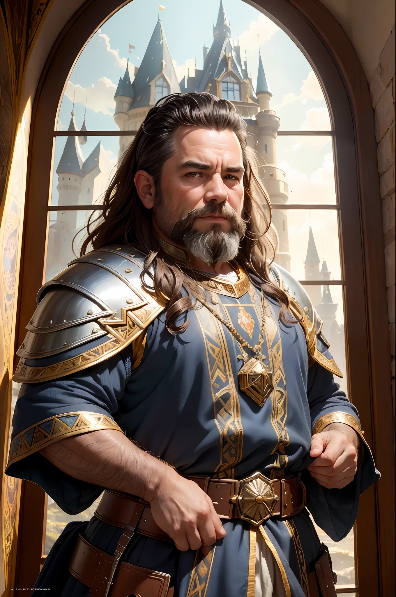 (masterpiece), best quality, ultra high res, 4k, perfect face, (sharp focus), (realistic photo of a dwarf guerteiro, extremely detailed clothesdetailed armor, highly detailed fantasy castle, window lights, ray tracing, art by greg rutkowski and alphonse mucha