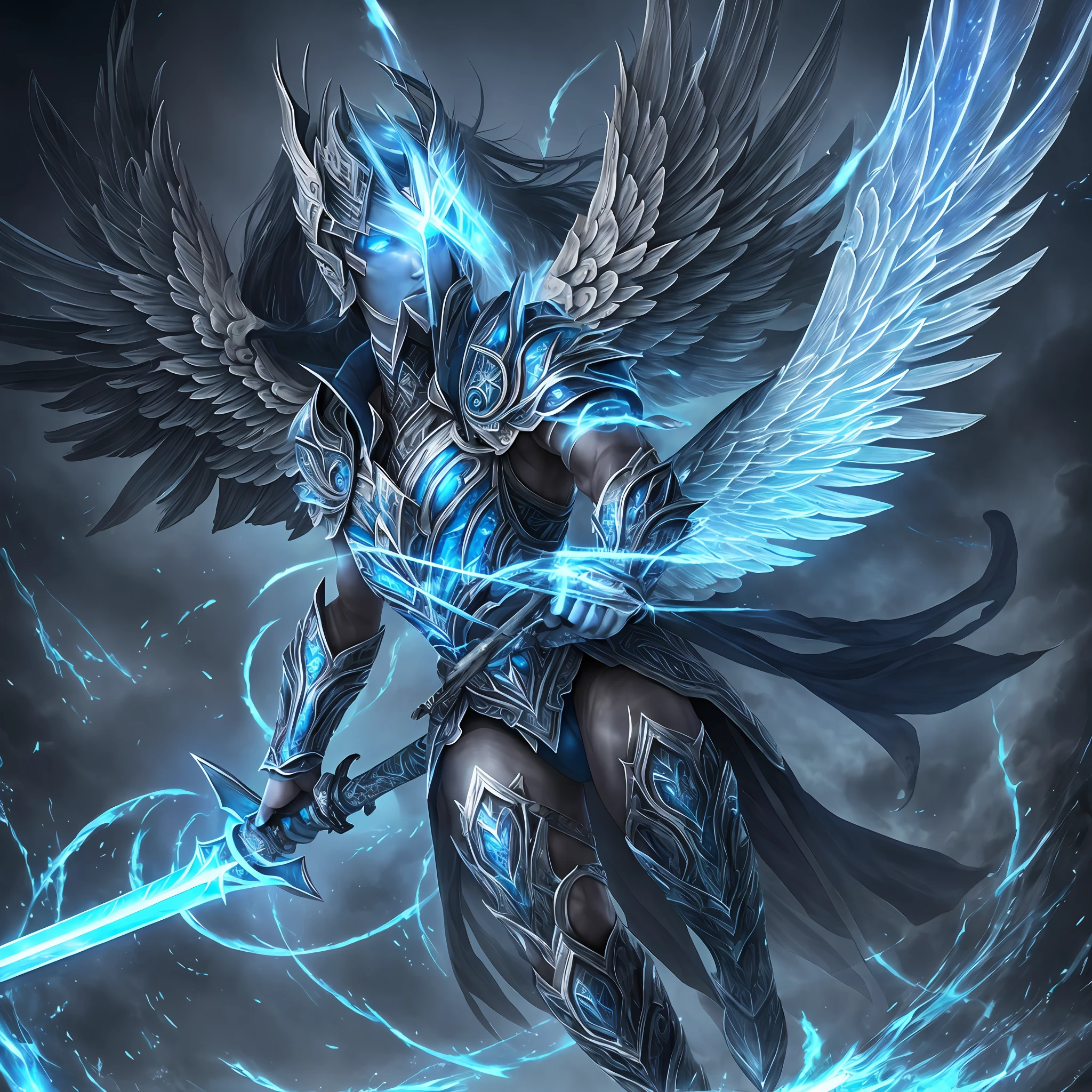 Warrior with dark armor and gray wings, enveloped in blue luminous rays, eyes glowing like fire, skin pale as that of a supernatural being, levitating above the ground, wielding a sword --auto --s2