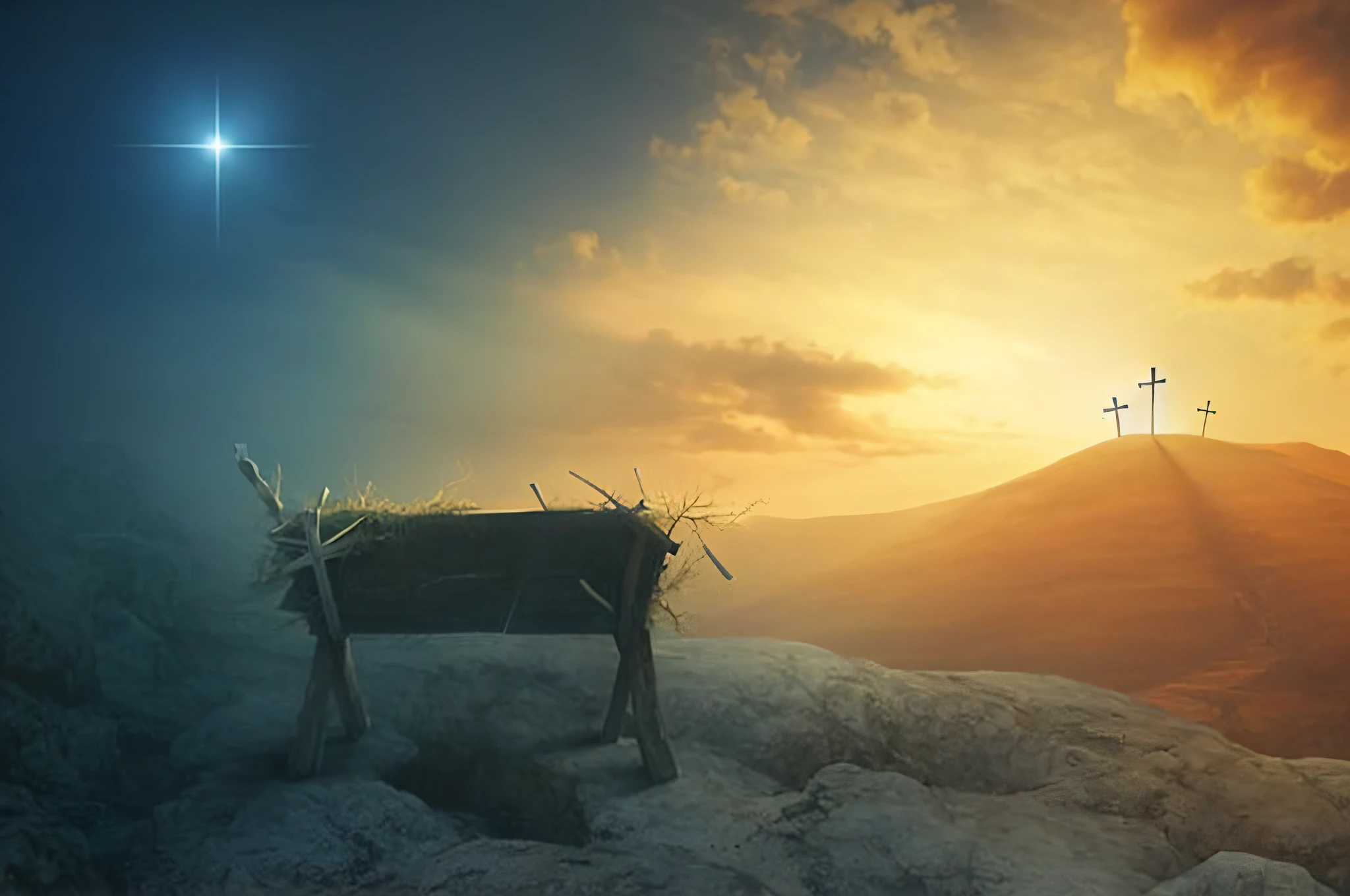 arafed image of a manger with three crosses in the background, by Joseph Werner, mystical setting, by Kurt Roesch, hd wallpaper, by Alexander Kucharsky, by Gediminas Pranckevicius, by Eglon van der Neer, he is all alone, inspired by Gediminas Pranckevicius