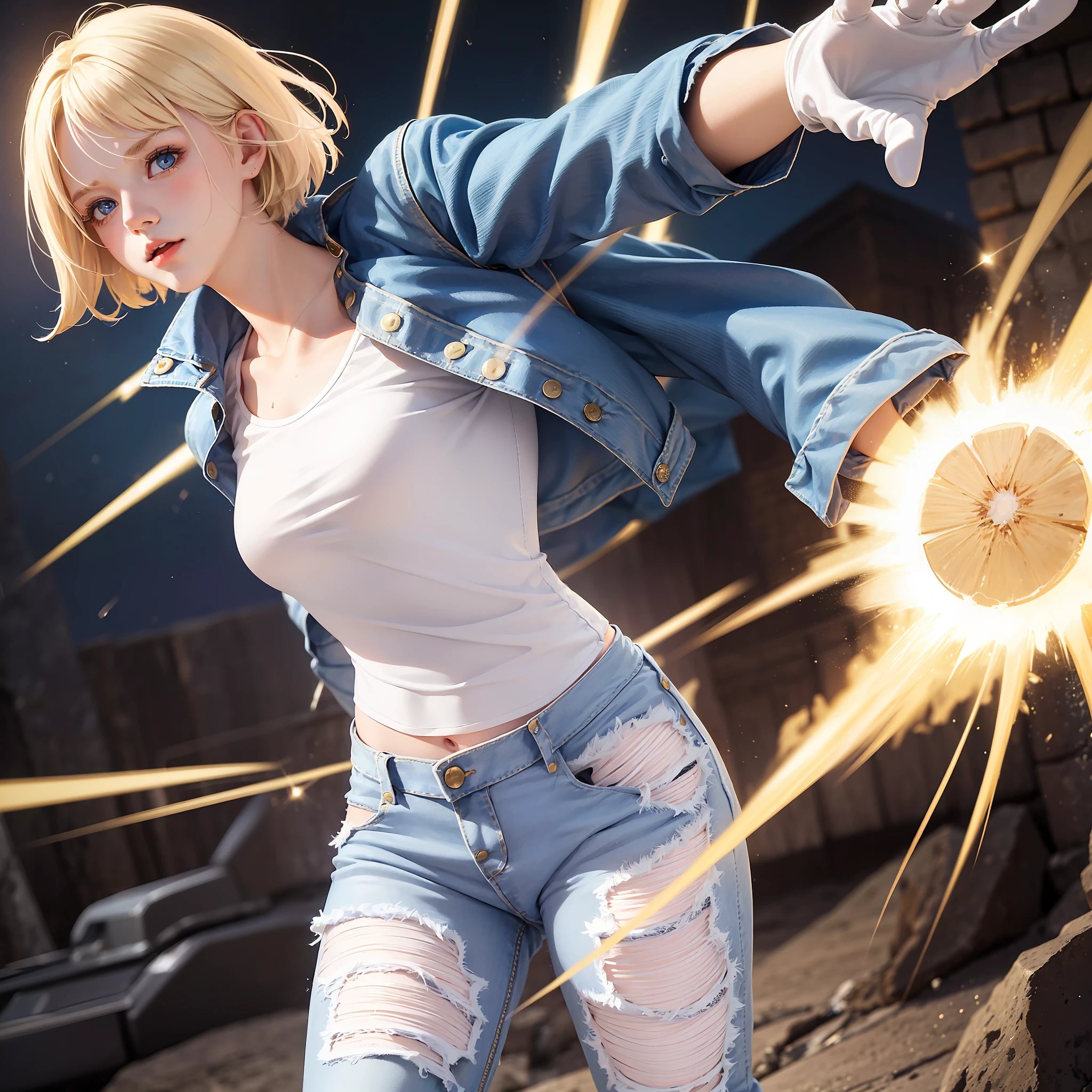(((1 girl, cute, denim jacket, white top, jeans, Gloves, blond, short hair, bob hair, side parted hair, blue eyes))), (((blond hair))),
dynamic poses, manga style, depicting a group of characters in various action scenes, from intense battles to lighthearted moments, with dramatic speed lines and bold sound effects, capturing the excitement and energy of the story, Laser rays from the palm of hand, Attack forward with palm, yellowstone park, Grand Canyon,